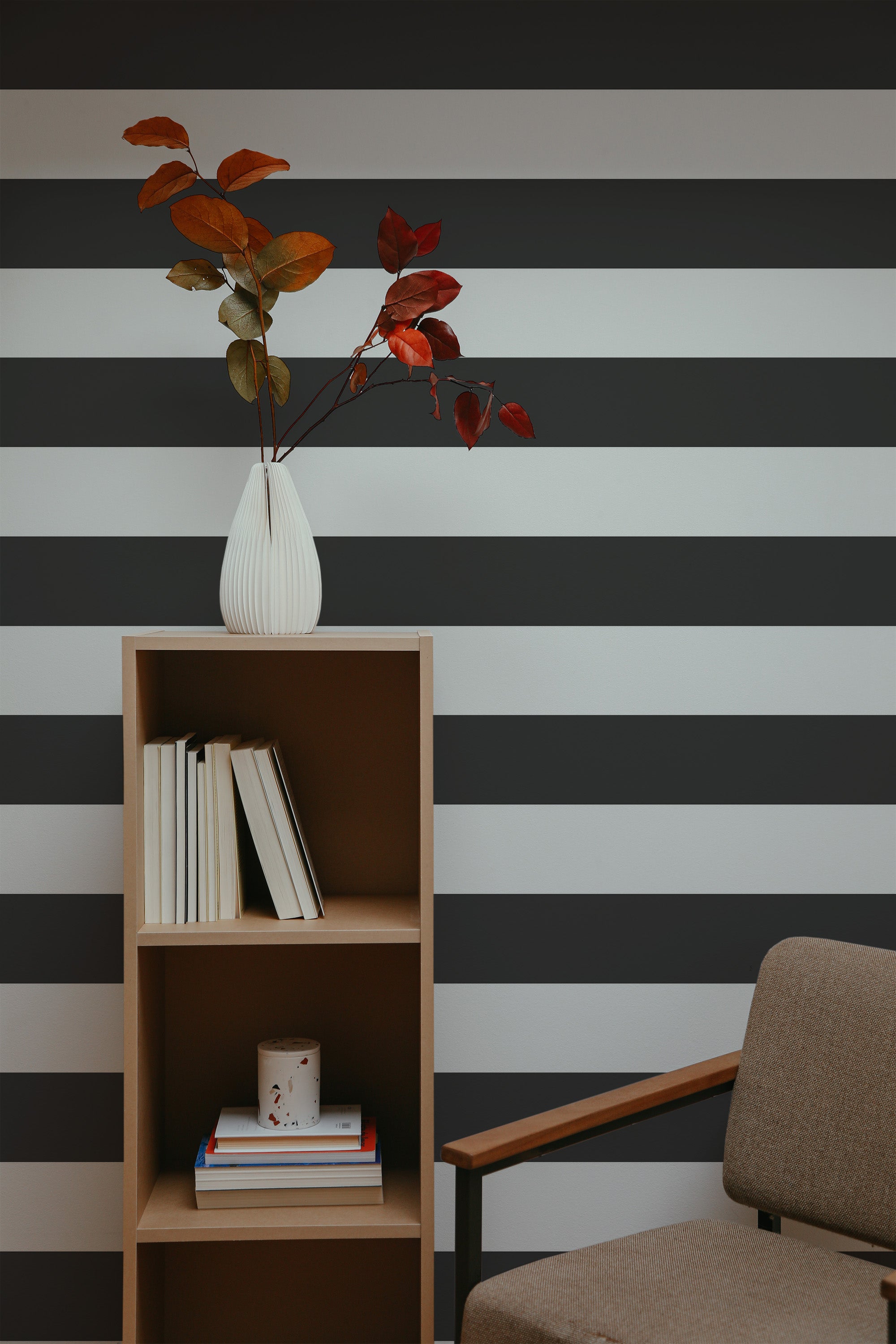 Self-adhesive black and white wide stripe wallpaper with alternating horizontal stripes. The clean, bold design adds a striking contrast and modern flair to the room.