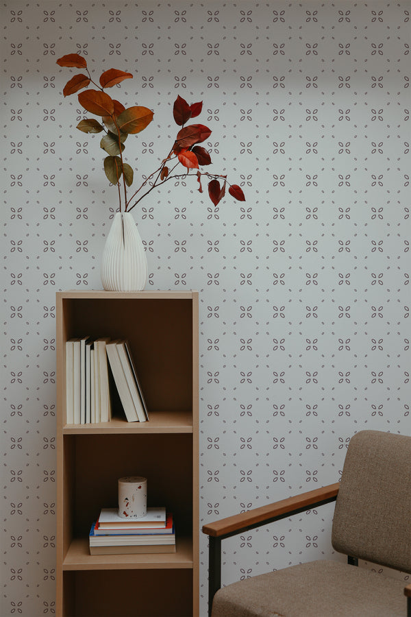 self-adhesive wallpaper geometric flowers pattern bookshelf armchair decorative plant interior