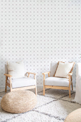 Geometric floral pattern with small, symmetrical flower shapes arranged in a repeating grid over a light background, adding a subtle yet elegant touch to the room���s decor,raditional wallpaper.