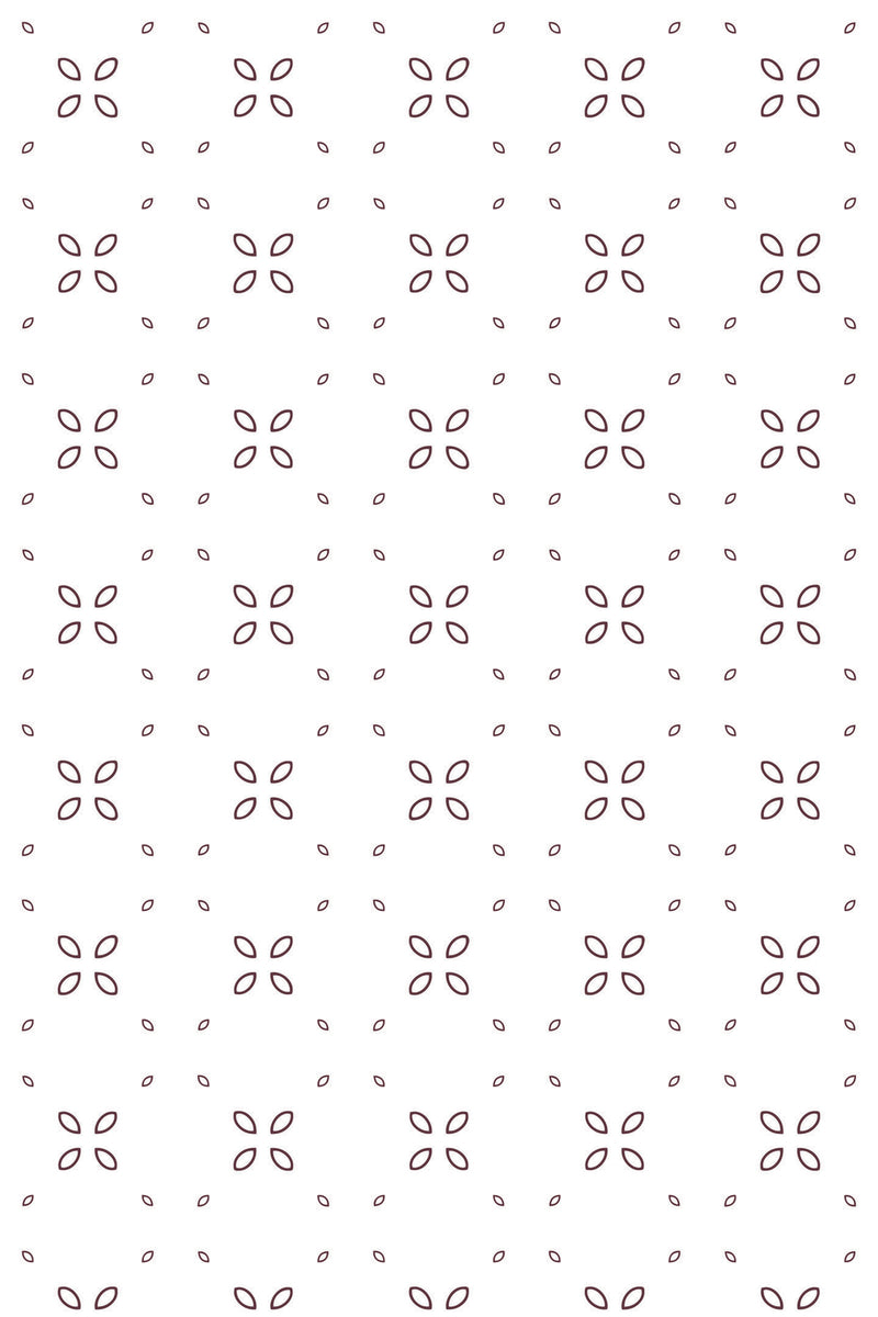 Repeating pattern of minimalistic geometric flowers made of four simple dark brown petals on a light background, interspersed with small ovals. Peel and stick removable wallpaper.