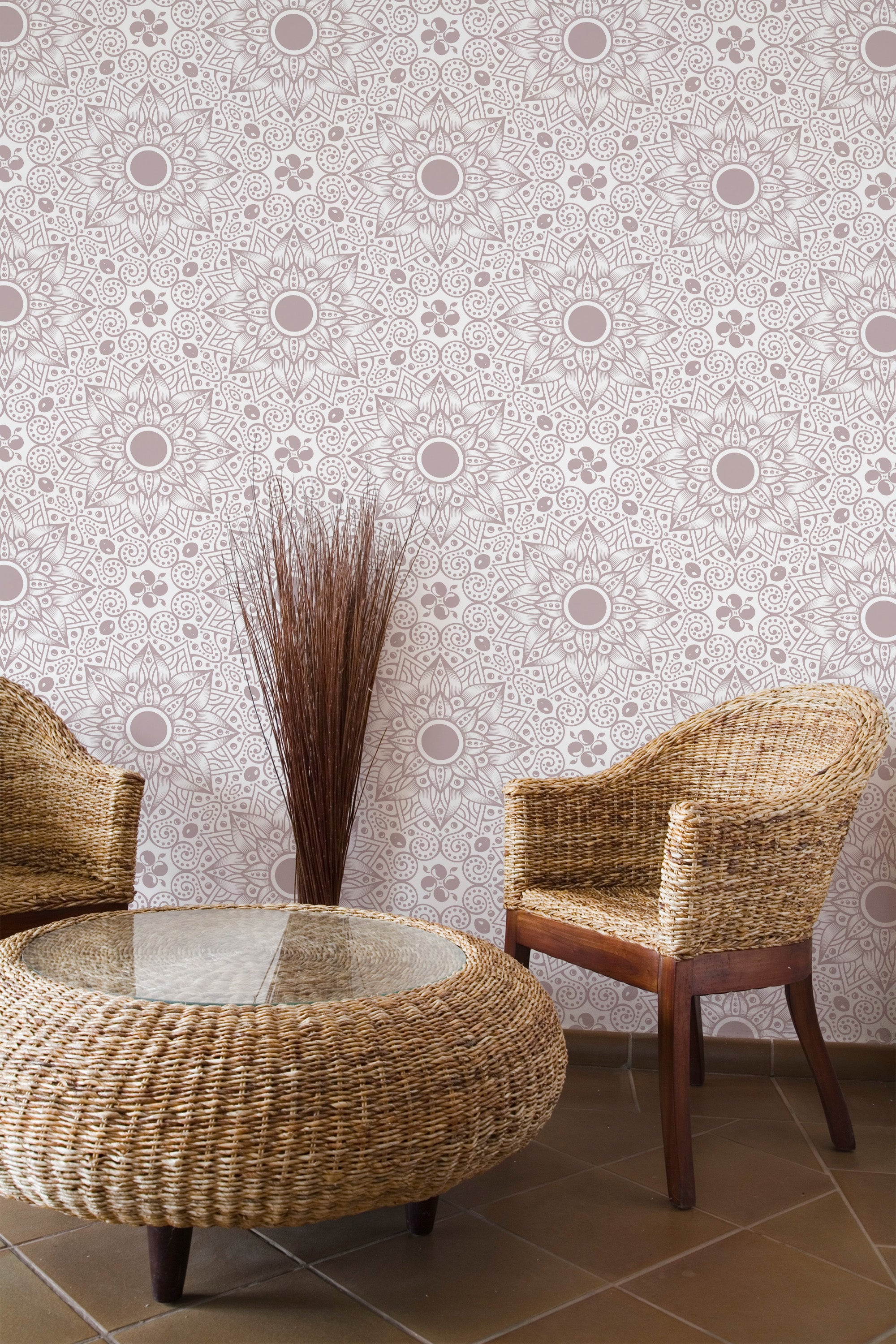 Self-adhesive wallpaper with an intricate India design, featuring symmetrical floral patterns and geometric motifs in soft pastel tones.