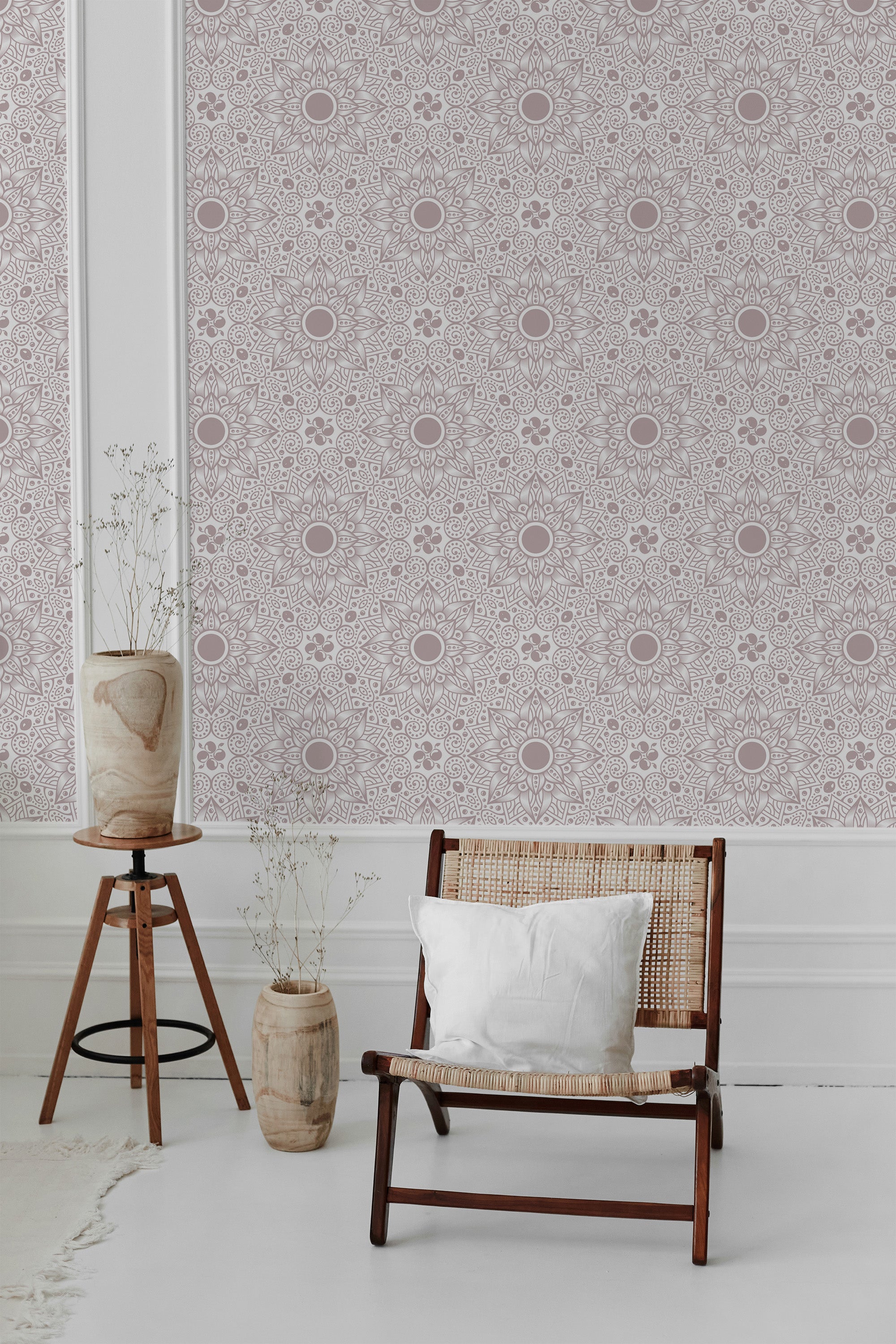 Wallpaper with intricate India-inspired pattern featuring symmetrical floral motifs and geometric shapes in soft, muted tones, creating an elegant and serene ambiance. Traditional wallpaper.