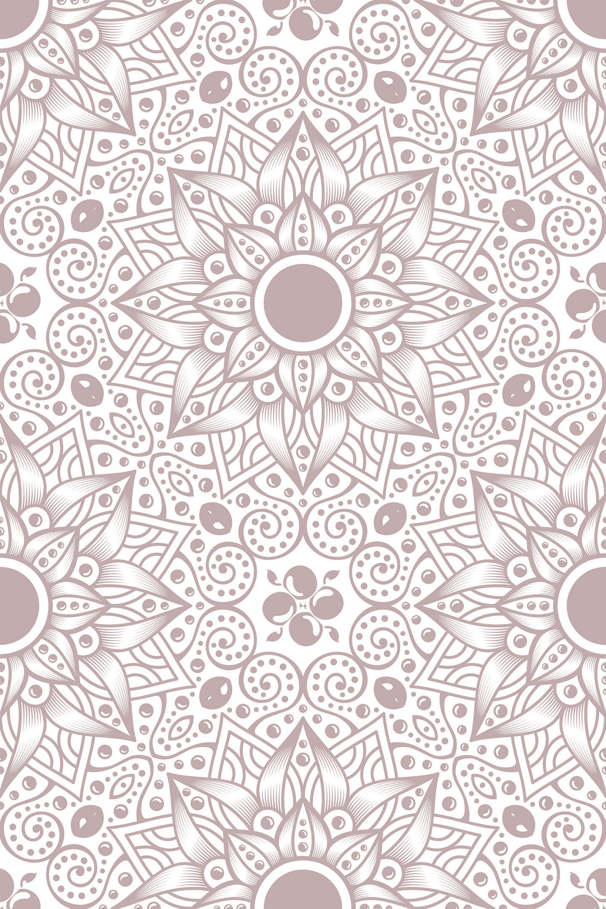 Ornate, symmetrical pattern with intricate mandala-inspired floral and paisley elements in soft neutral tones. Peel and stick removable wallpaper.