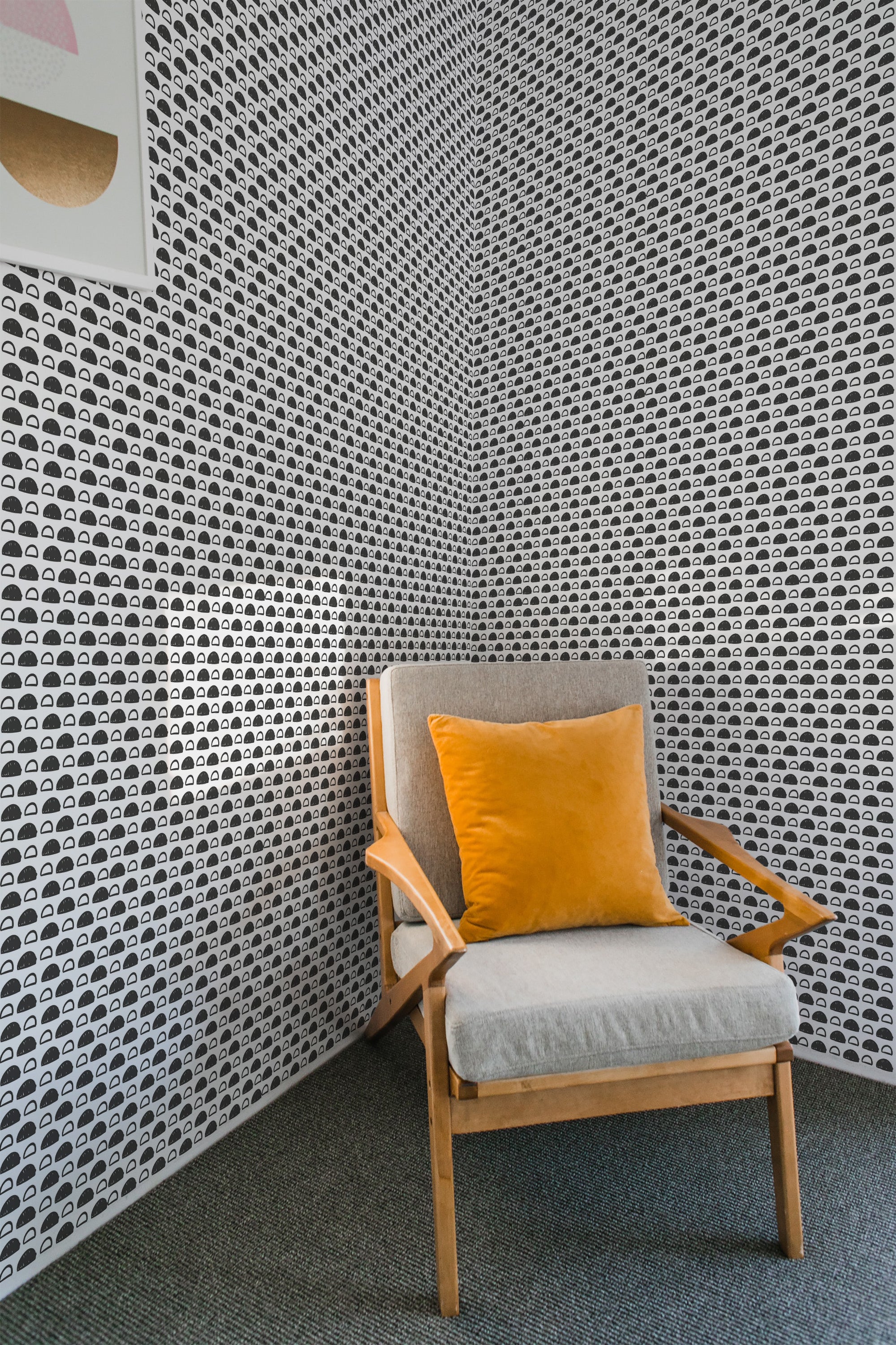 Wallpaper design with repetitive black and white hand-drawn abstract circles, creating a bold geometric pattern on the walls, giving the room a modern yet traditional wallpaper.