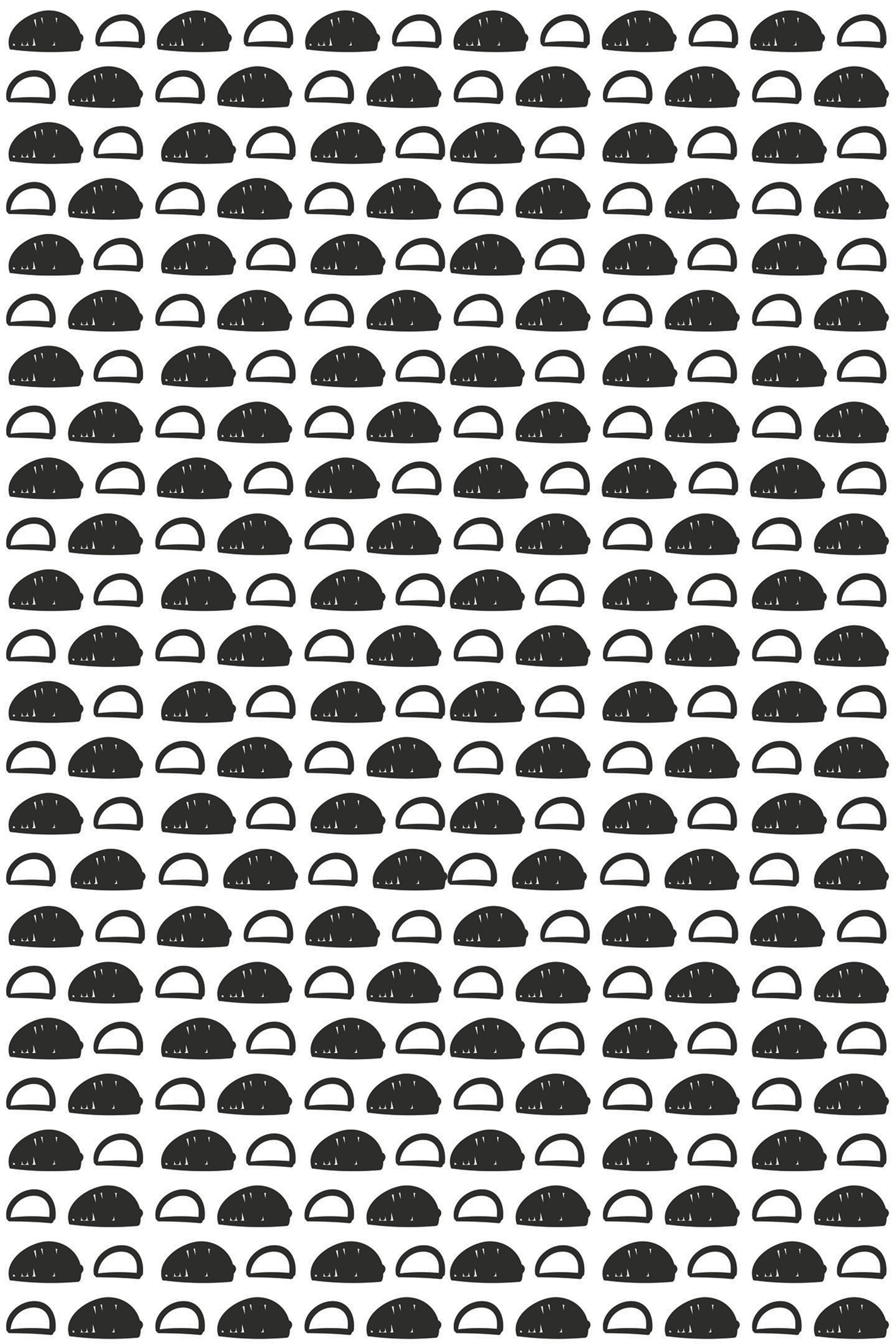 Black and white repeating pattern of semi-circular shapes with dotted hand-drawn details on a white background, adding a modern and minimalist touch to the design. Peel and stick removable wallpaper.