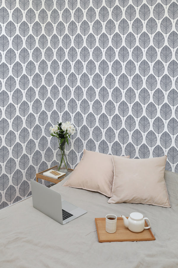 temporary wallpaper botanical leaves pattern cozy romantic bedroom interior