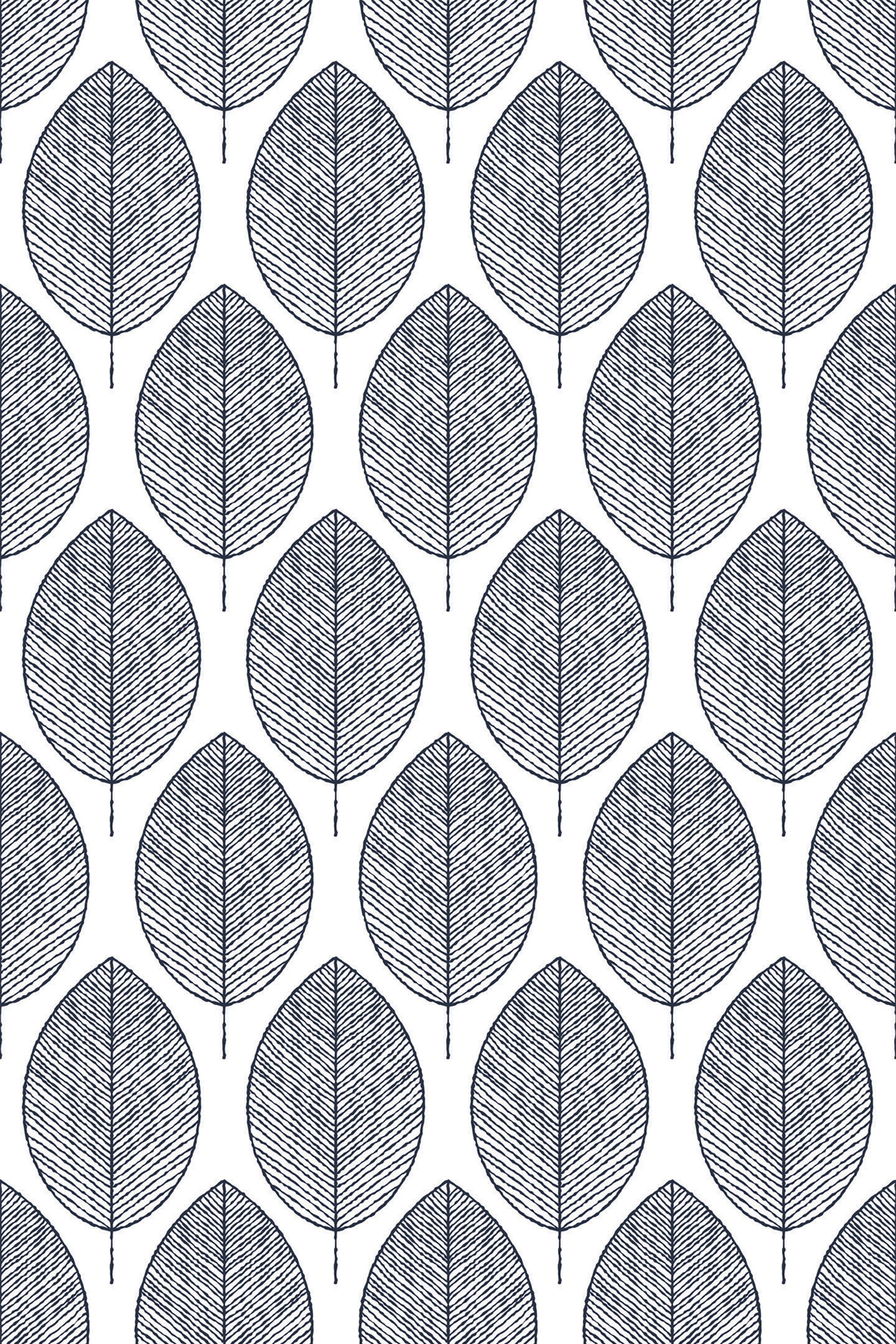 Black and white wallpaper with a repeating pattern of simple, detailed botanical leaves arranged in a symmetrical grid. Peel and stick removable wallpaper.