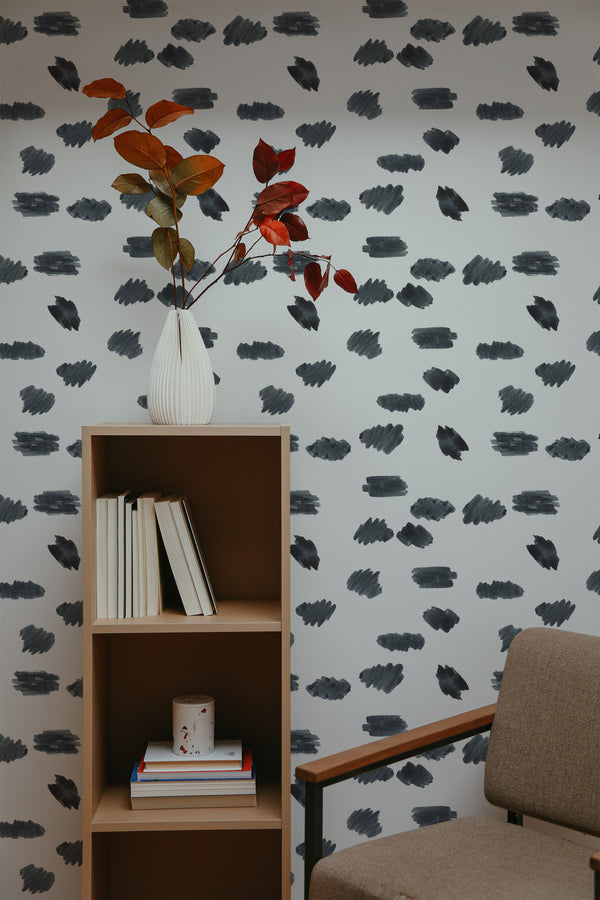 self-adhesive wallpaper black watercolor dots pattern bookshelf armchair decorative plant interior