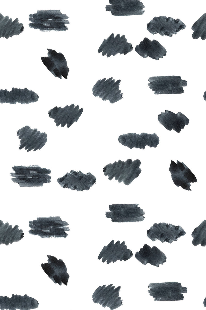 Pattern of irregular black watercolor brushstrokes scattered on a white background, creating a modern, abstract dot design. Peel and stick removable wallpaper.