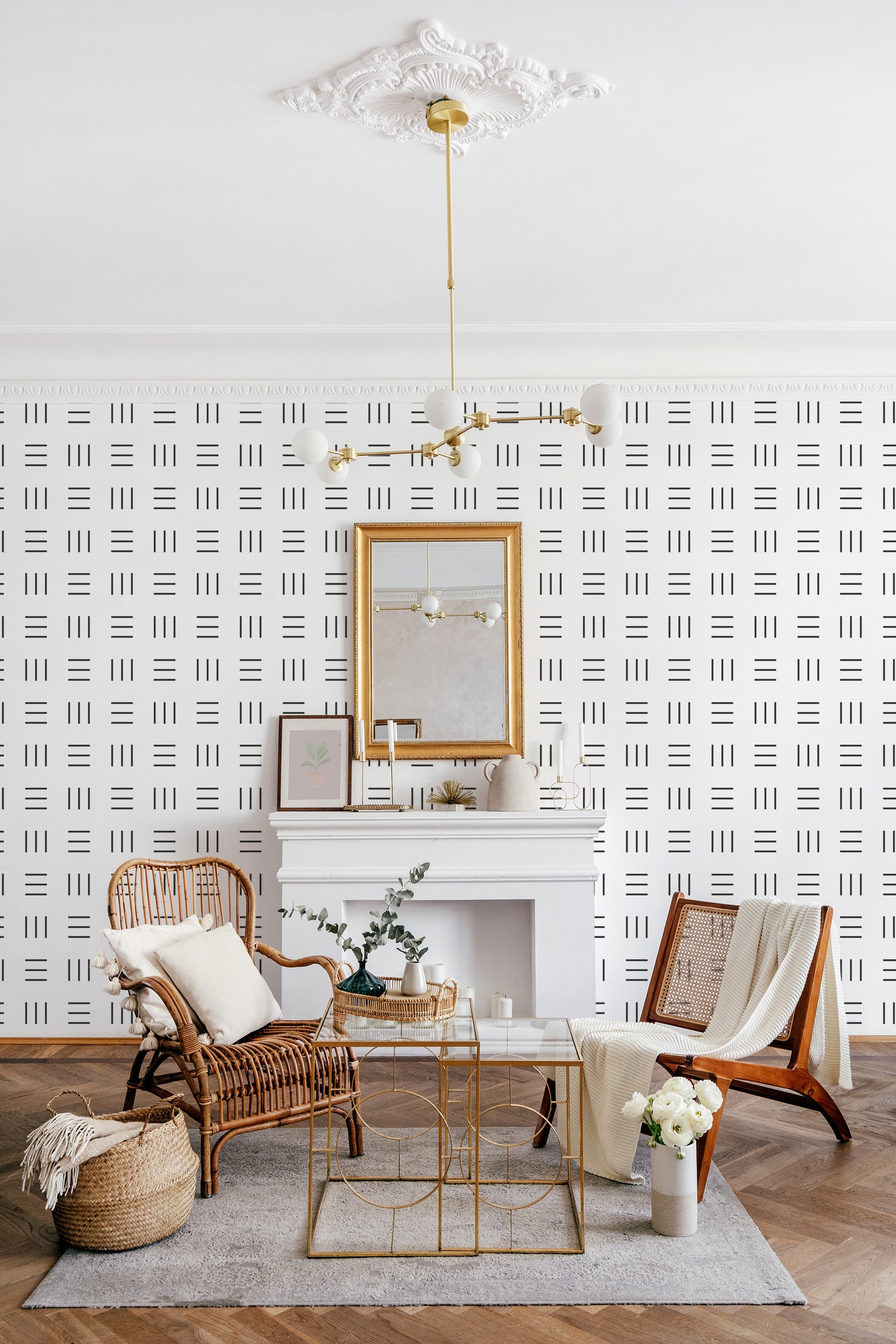 Geometric line stripes wallpaper with vertical and horizontal black lines creating a modern and symmetrical pattern in a room with light-colored decor and traditional furniture. Traditional wallpaper.
