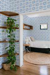 bedroom cozy interior green plants round carpet mosaic tiles peel & stick wallpaper