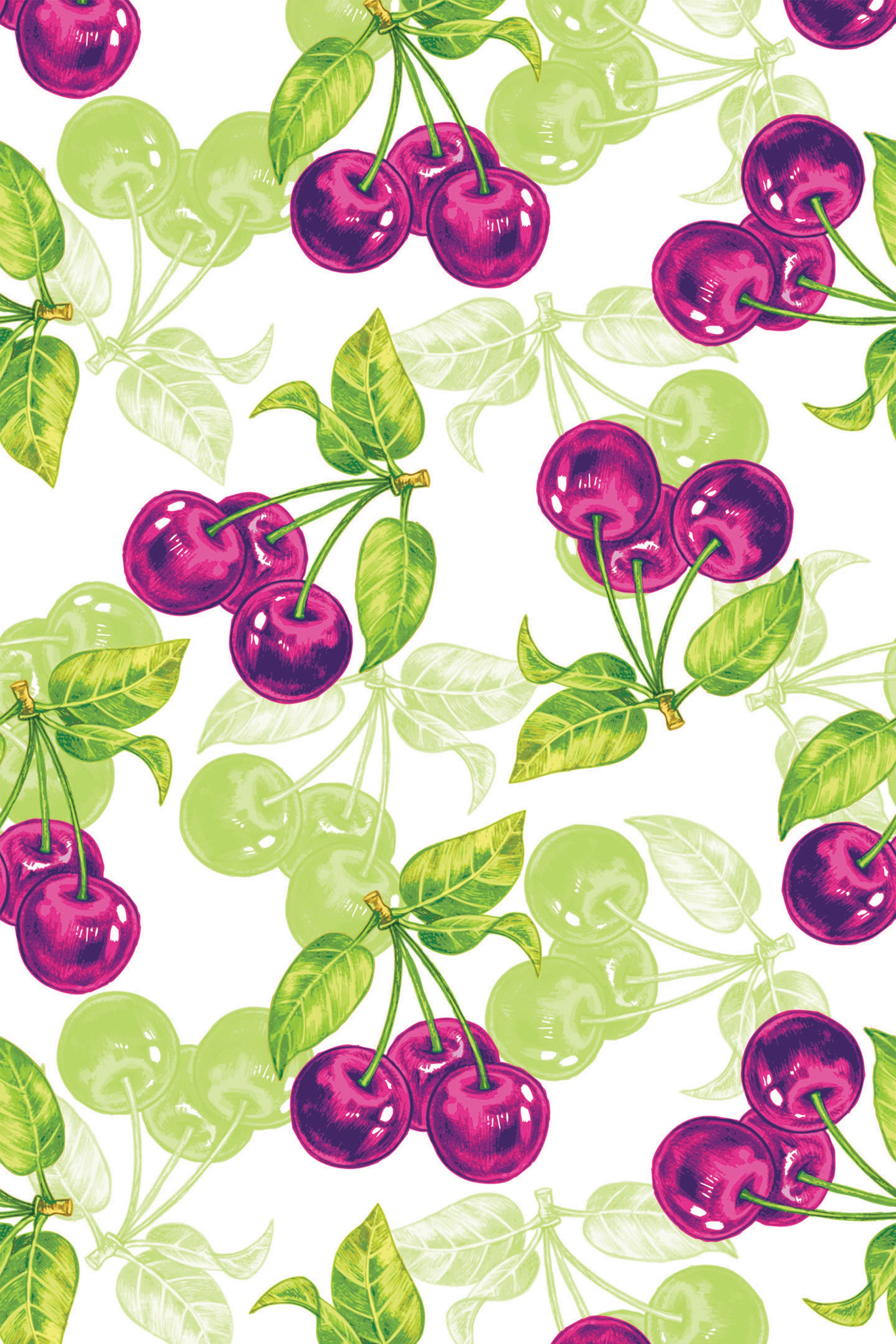 Vibrant pattern with clusters of red cherries and green leaves on a white background. The design is bright and cheerful, adding a fresh fruit-inspired touch to any space. Peel and stick removable wallpaper.