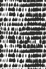 Abstract black paint blot design on a white background with irregular shapes and patterns varying in size and orientation. Peel and stick removable wallpaper.