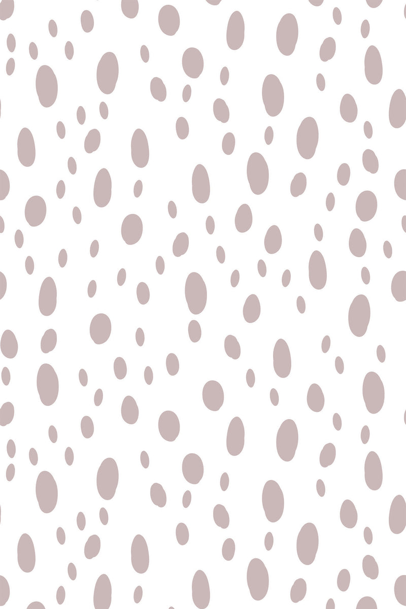 Beige irregular spots of varying sizes evenly scattered on a white background. Peel and stick removable wallpaper.