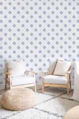 Wallpaper with a repeating geometric pattern of diamond shapes in a pale blue and white color scheme, inspired by traditional Asian designs, traditional wallpaper.