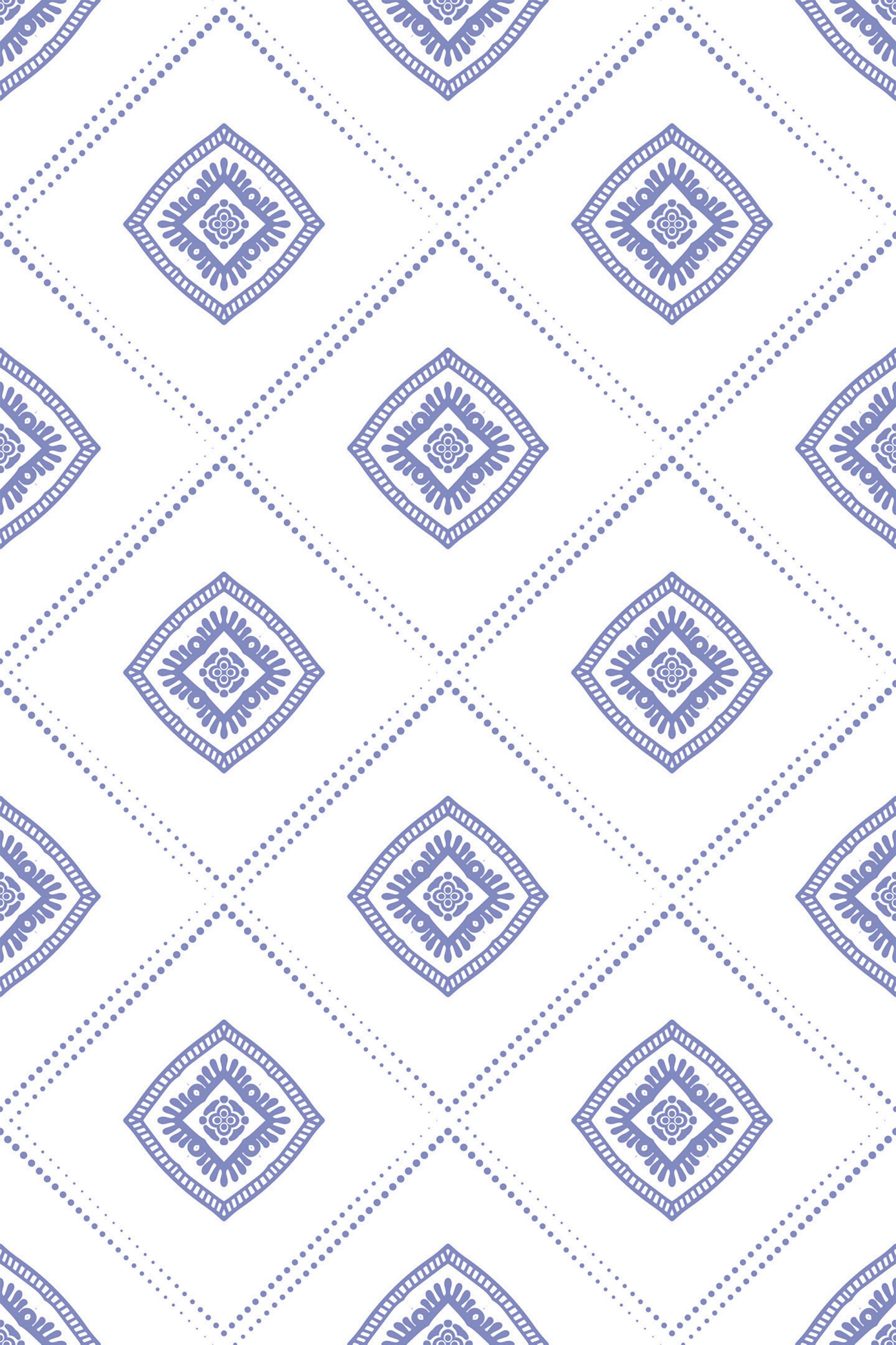 A repeating pattern of blue diamond shapes with intricate floral motifs and dotted diagonal lines on a white background. Peel and stick removable wallpaper.