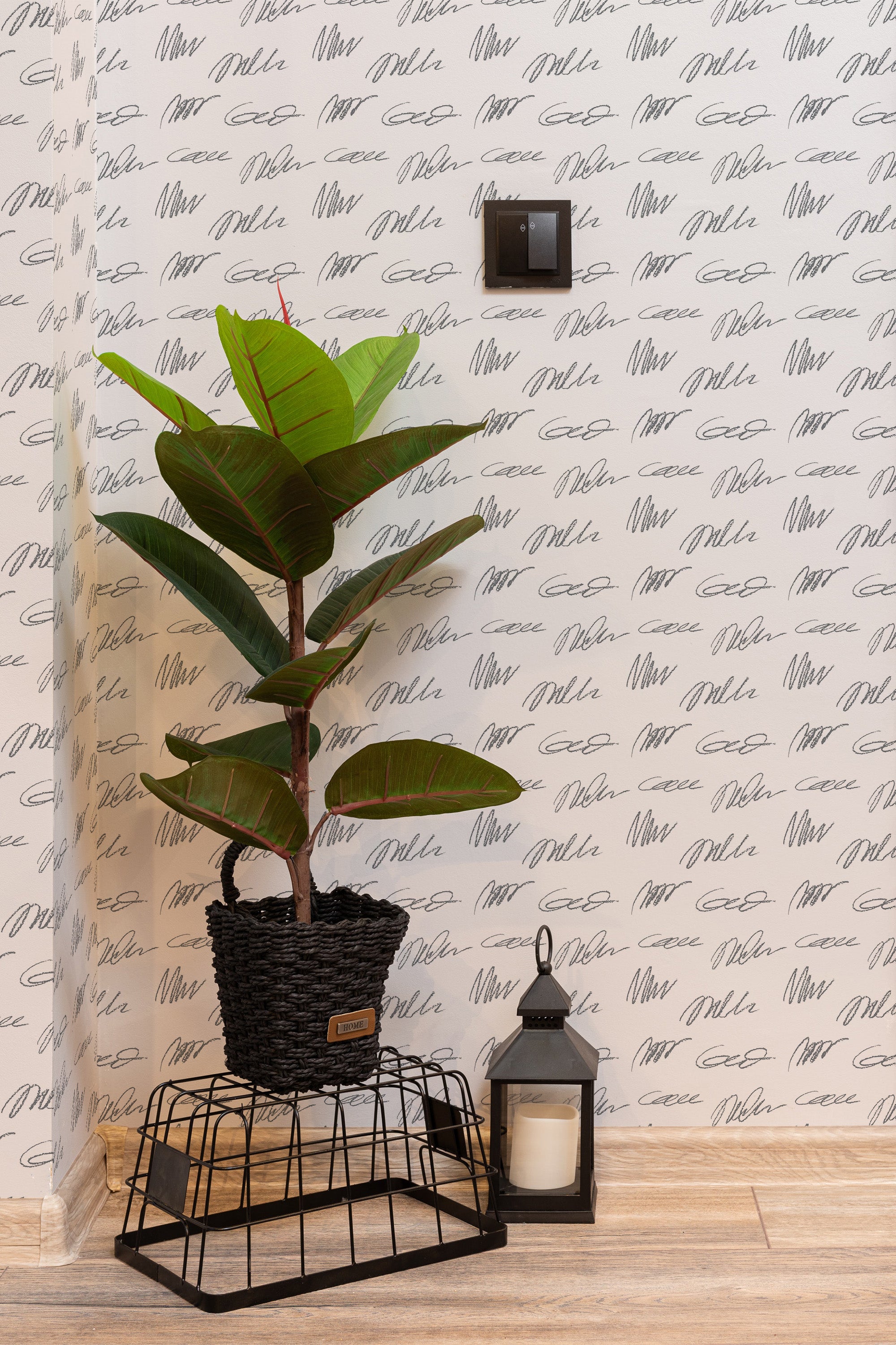 Self-adhesive wallpaper with a black cursive handwriting pattern on a light background, creating a stylish and modern accent wall. The room also has a potted plant on a wire stand and a candle lantern on a wooden floor.