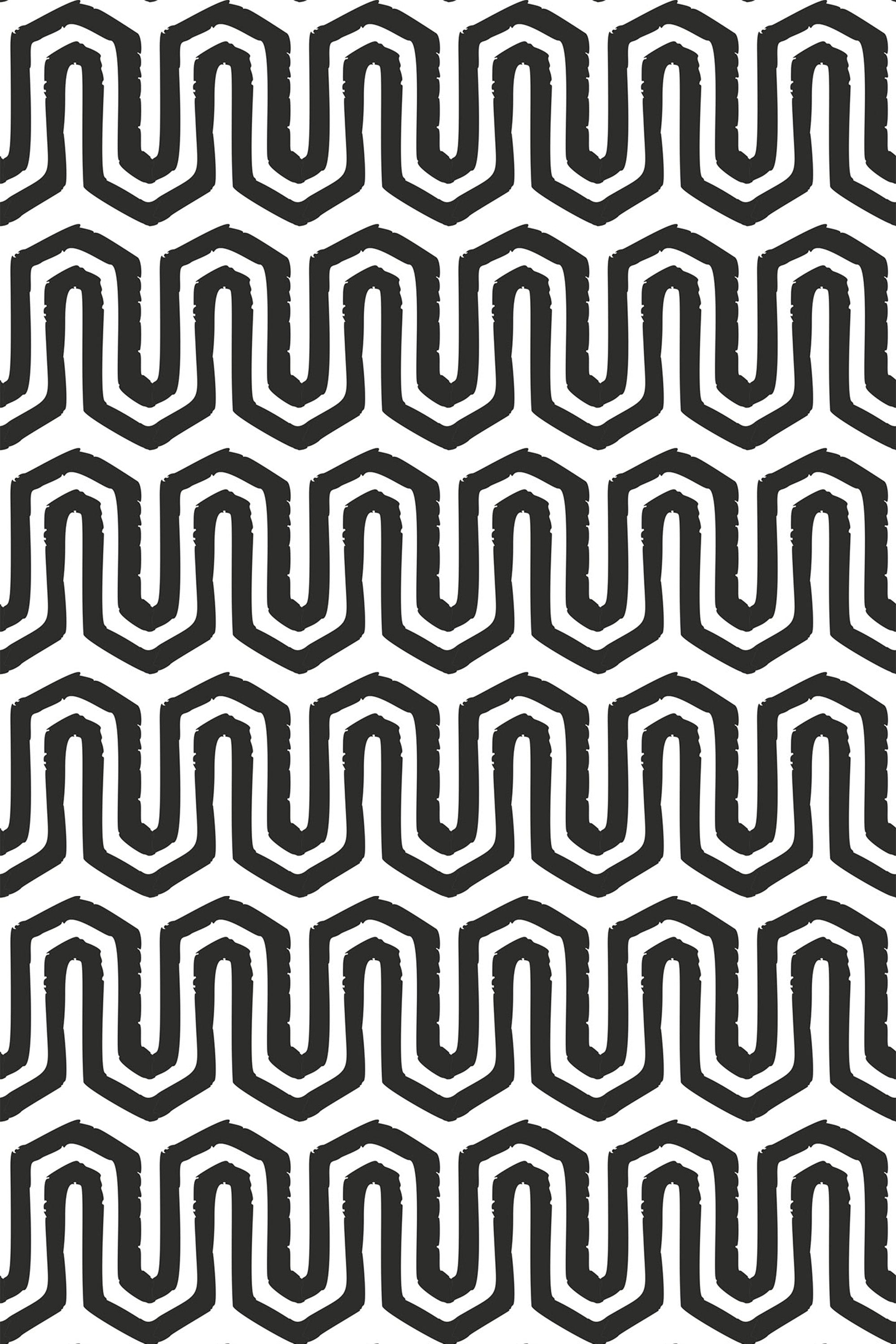A seamless black and white wallpaper design with bold, repeating zigzag and wave-like geometric lines, creating a modern and structured pattern. Peel and stick removable wallpaper.