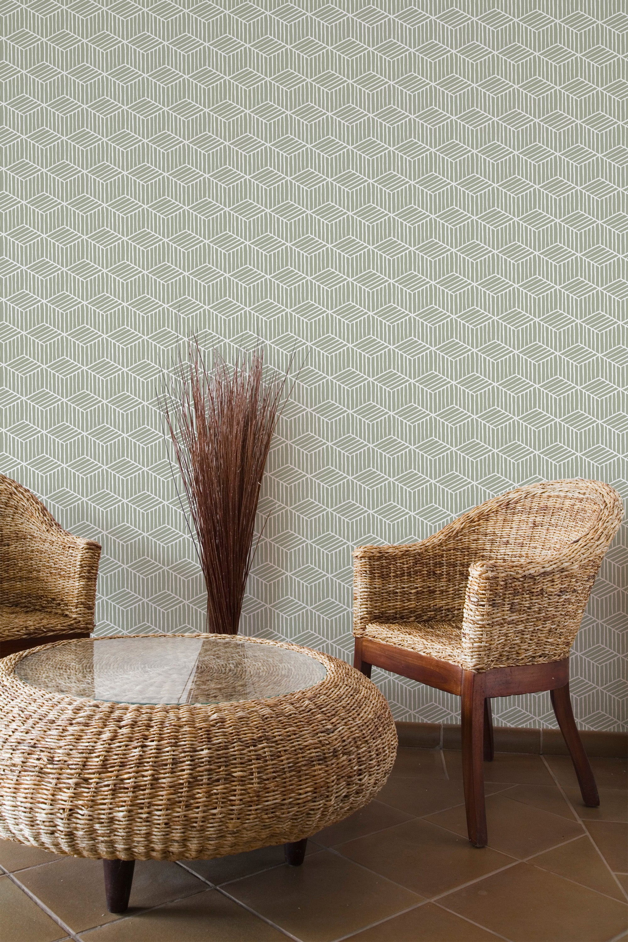 Self-adhesive wallpaper with a Painted Cubes design in a subtle geometric pattern of interlocking 3D cube shapes in soft green and white tones, adding a modern, textured appearance to the room.