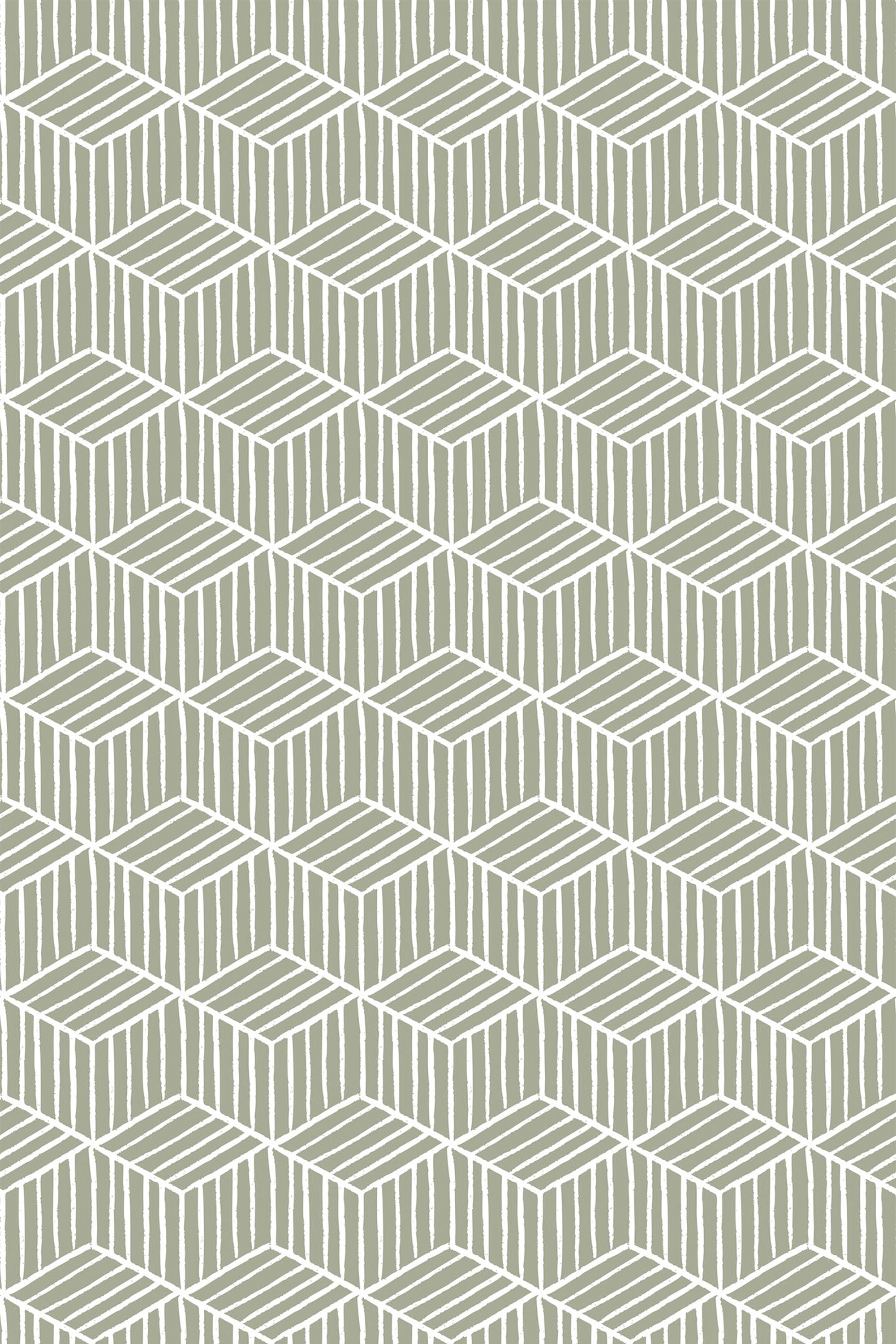 Geometric wallpaper design with a repeating pattern of green cubes outlined in white. The cubes are created using angled lines, giving a three-dimensional effect. The pattern forms a seamless look with an organic, hand-painted appearance. Peel and stick removable wallpaper.