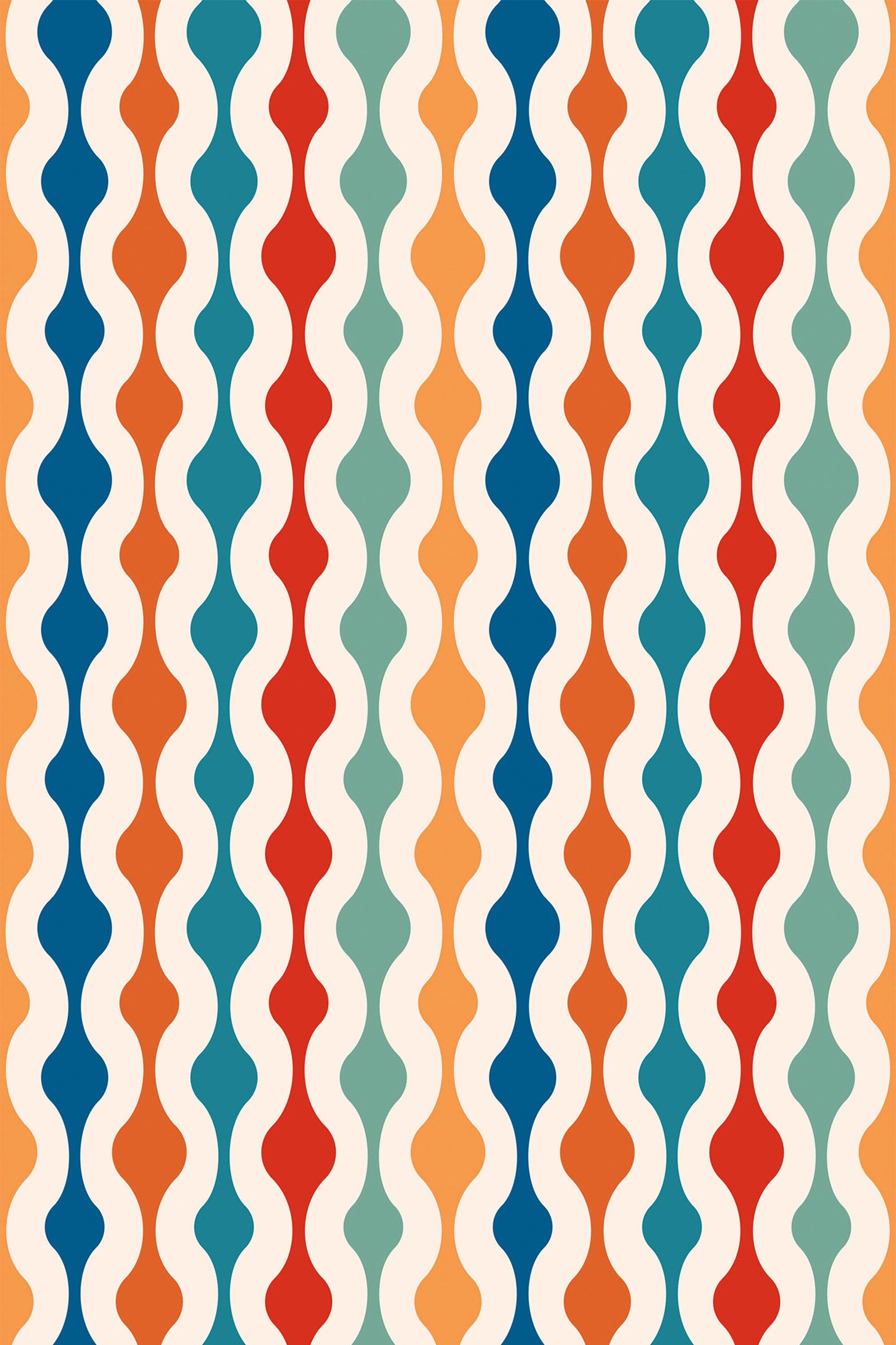 Wavy vertical lines in warm tones of red, orange, teal, and beige with a repeating retro-inspired pattern on a cream background. Peel and stick removable wallpaper.