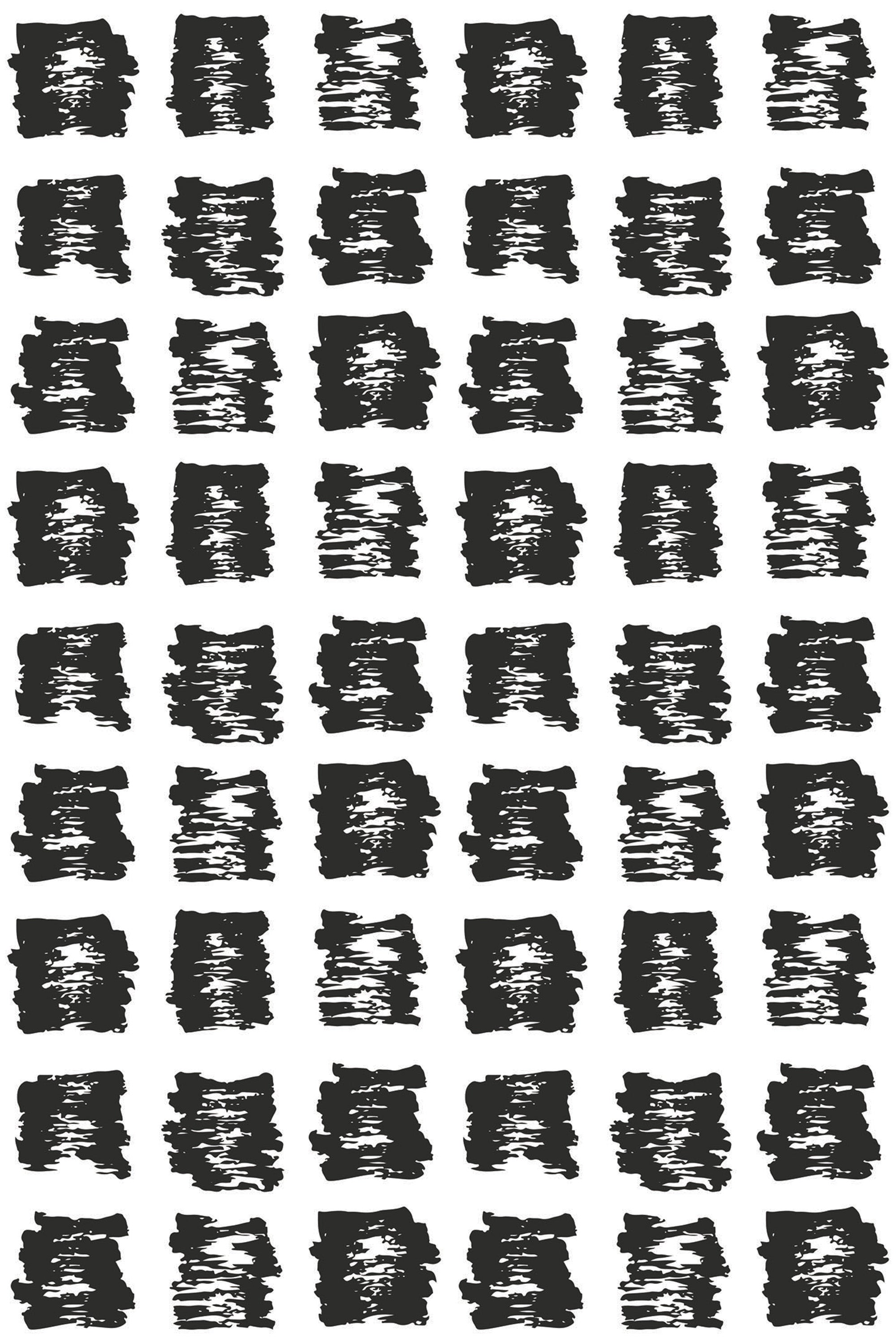 Abstract black and white wallpaper pattern with brushstroke paint spots arranged in a grid on a white background. Peel and stick removable wallpaper.