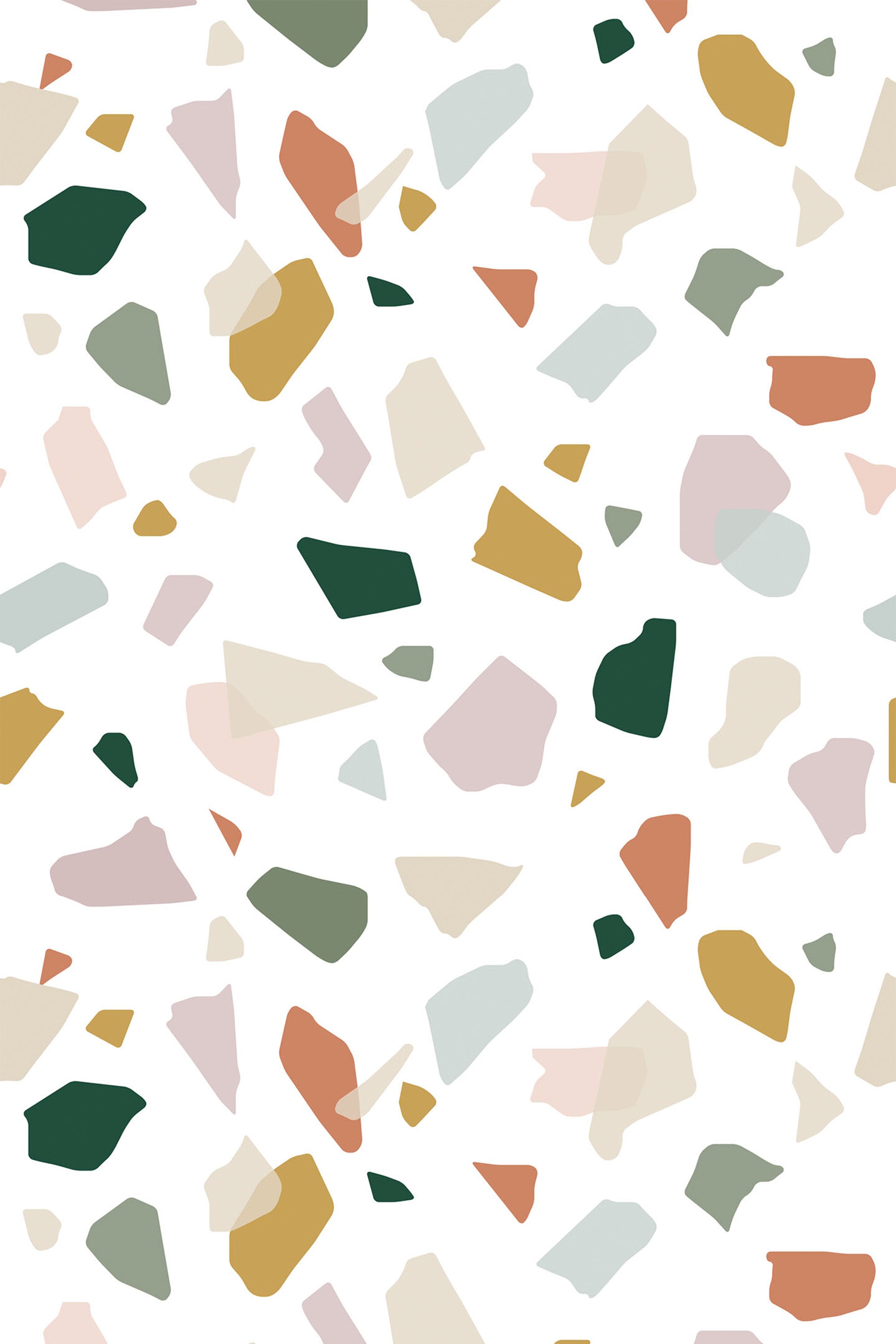 Pastel terrazzo design with irregularly shaped, multi-colored stone patterns in soft greens, pinks, browns, and yellows on a white background, peel and stick removable wallpaper.