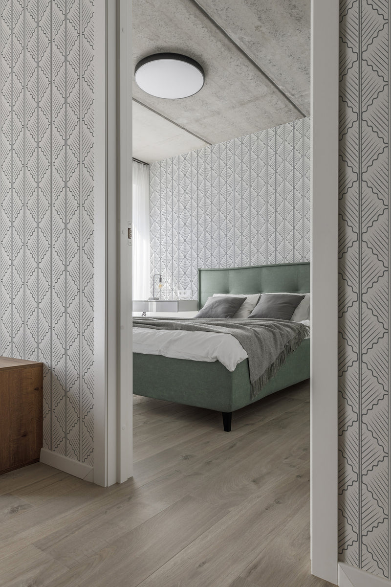 modern bedroom cushions concrete ceiling quatrefoil accent wall