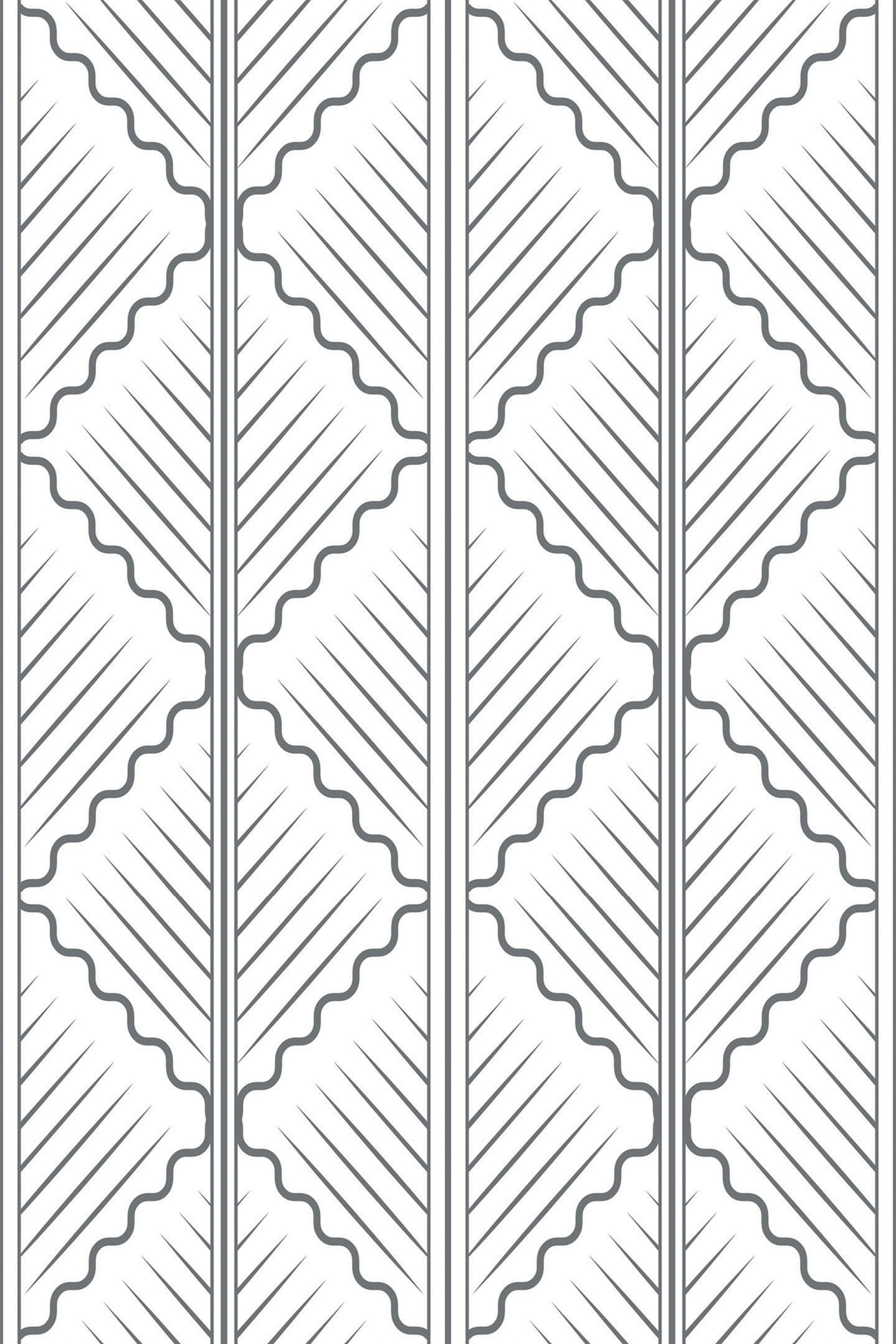Grey geometric Quatrefoil pattern on a white background with a mix of sharp angles and scalloped edges, creating a modern, symmetrical design. Peel and stick removable wallpaper.