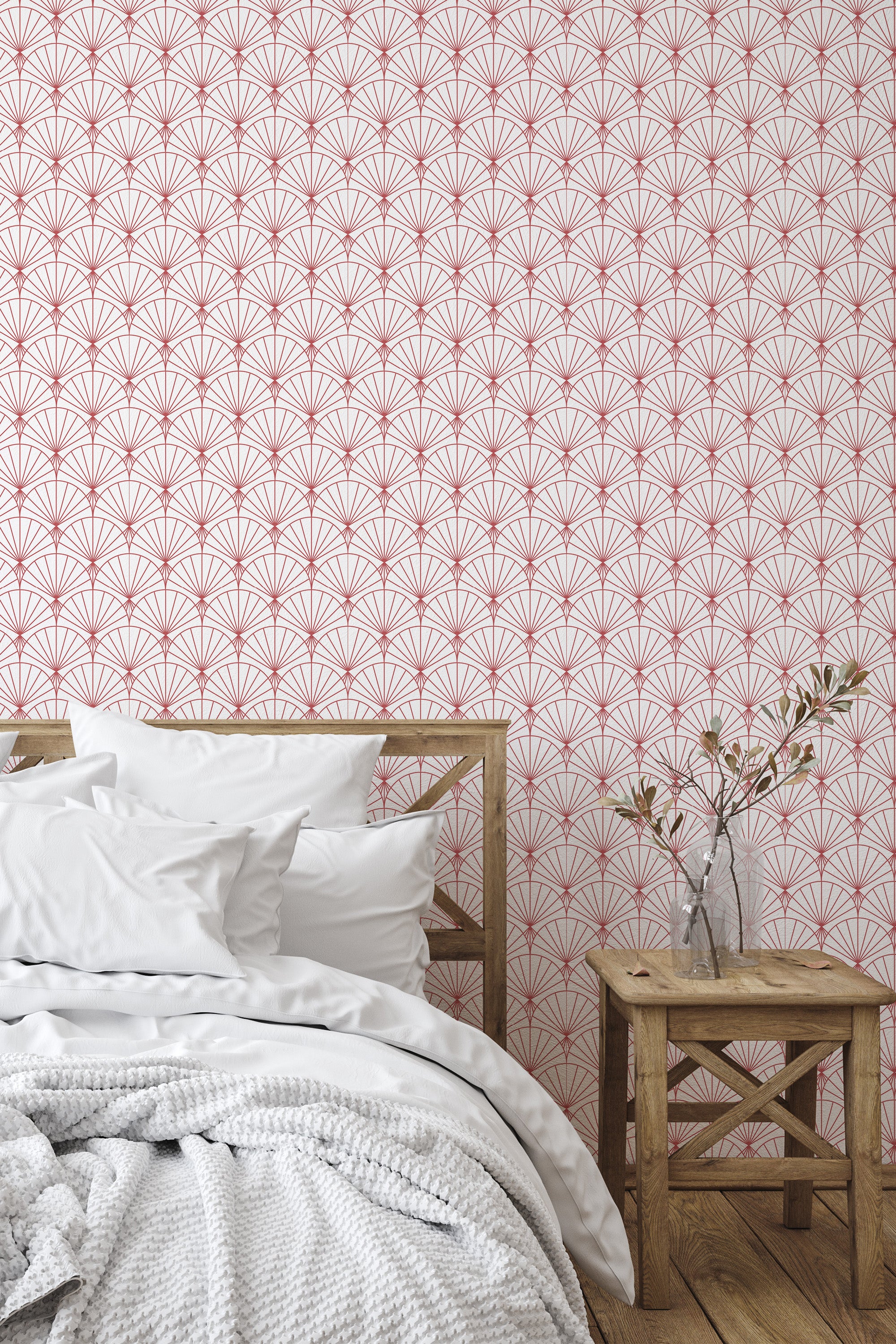 Self-adhesive wallpaper with a Retro Art Deco design in a repeating pattern of delicate, fan-like shapes in soft pink and white tones, creating a stylish and elegant look.