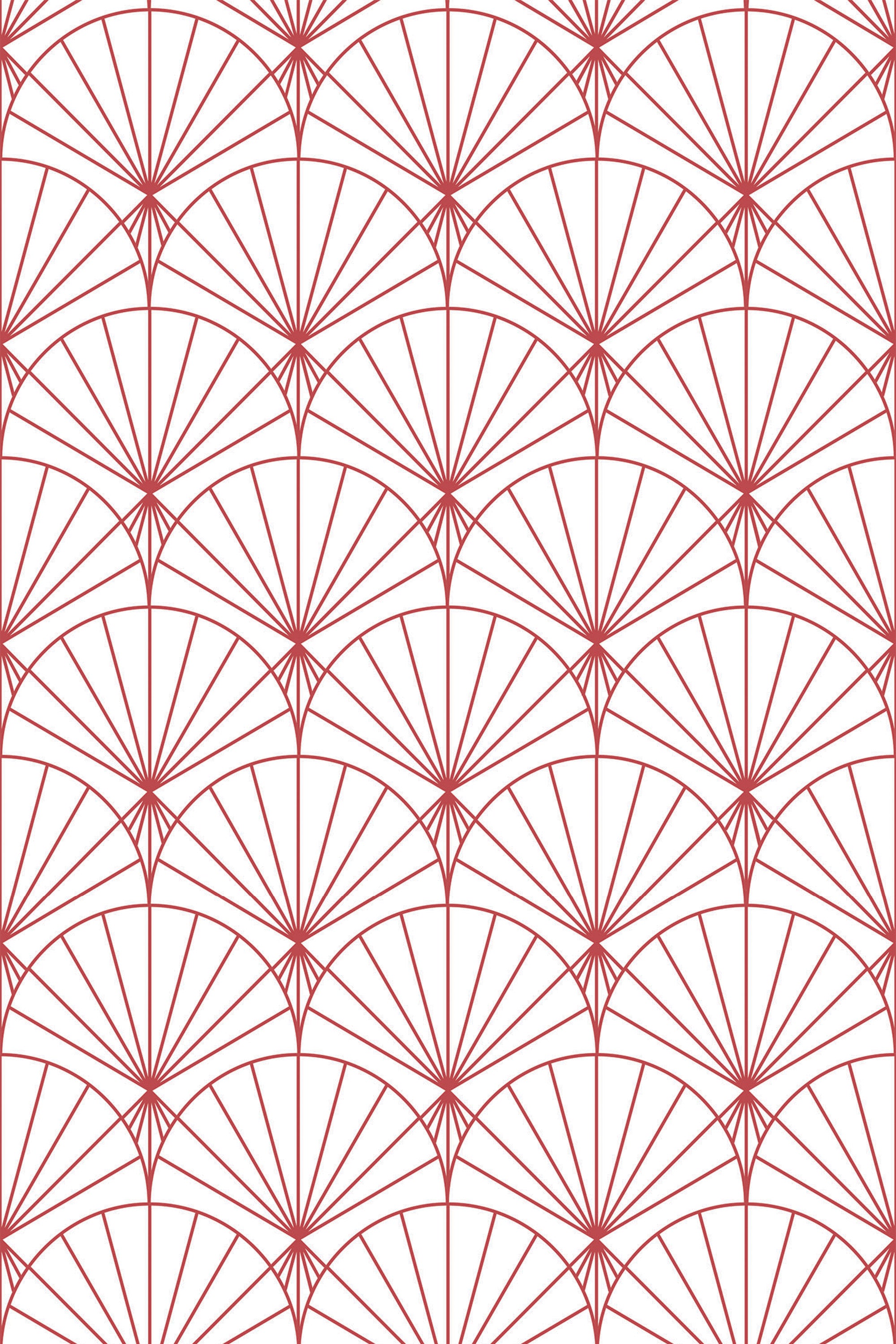 Red geometric fan patterns on a white background, arranged in a repeating art deco design. Peel and stick removable wallpaper.