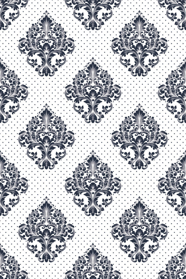 Elegant Damask print with intricate black floral motifs set against a white background with subtle dot accents, forming a classic, repetitive pattern. Peel and stick removable wallpaper.