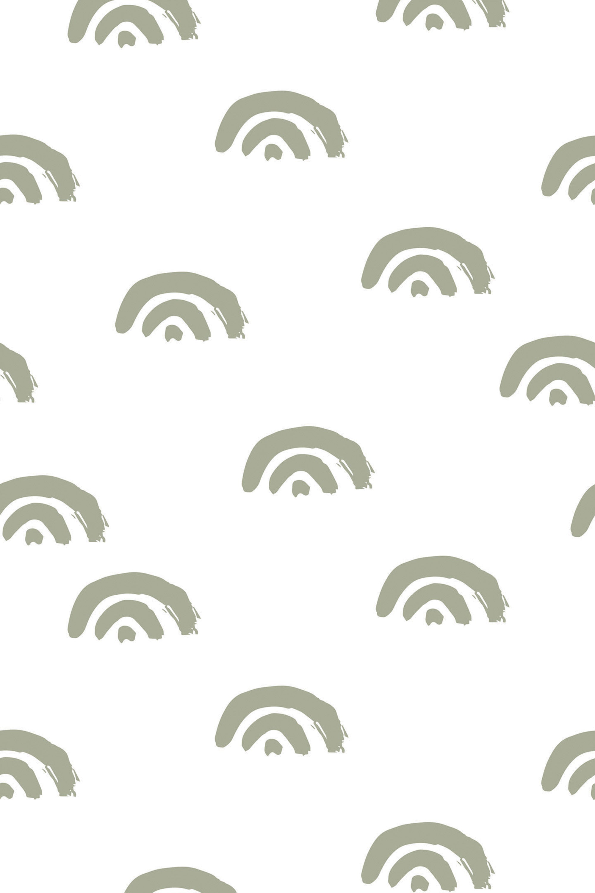 A repeating pattern of hand-drawn, minimalist green rainbows with a boho aesthetic on a white background. Peel and stick removable wallpaper.