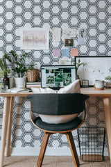 modern home office desk plants posters computer hexagon line stick on wallpaper