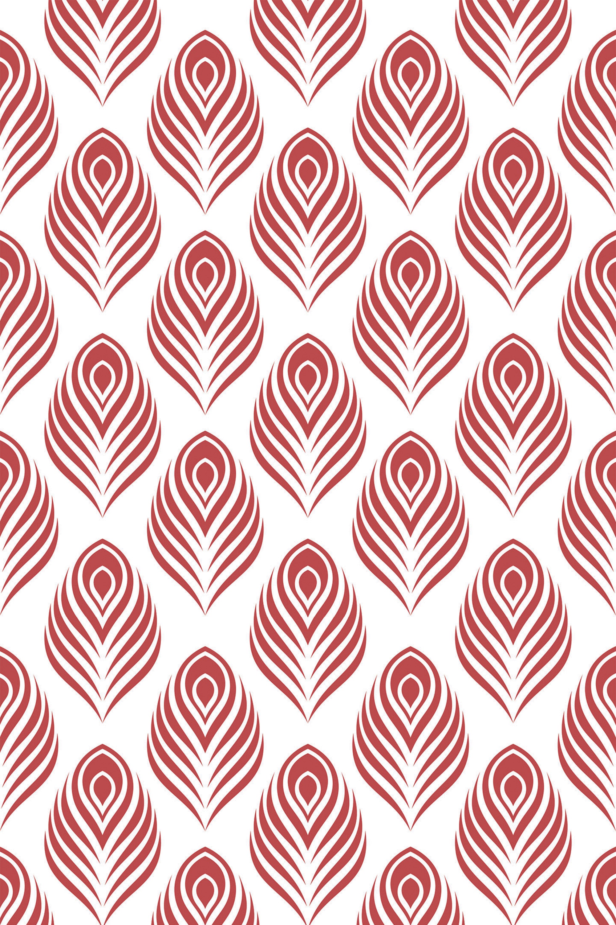 Red and white repeating pattern of stylized peacock feathers with concentric layers on a white background. Peel and stick removable wallpaper.