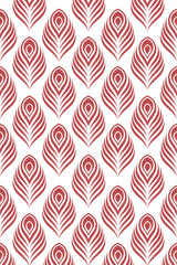 Red and white repeating pattern of stylized peacock feathers with concentric layers on a white background. Peel and stick removable wallpaper.