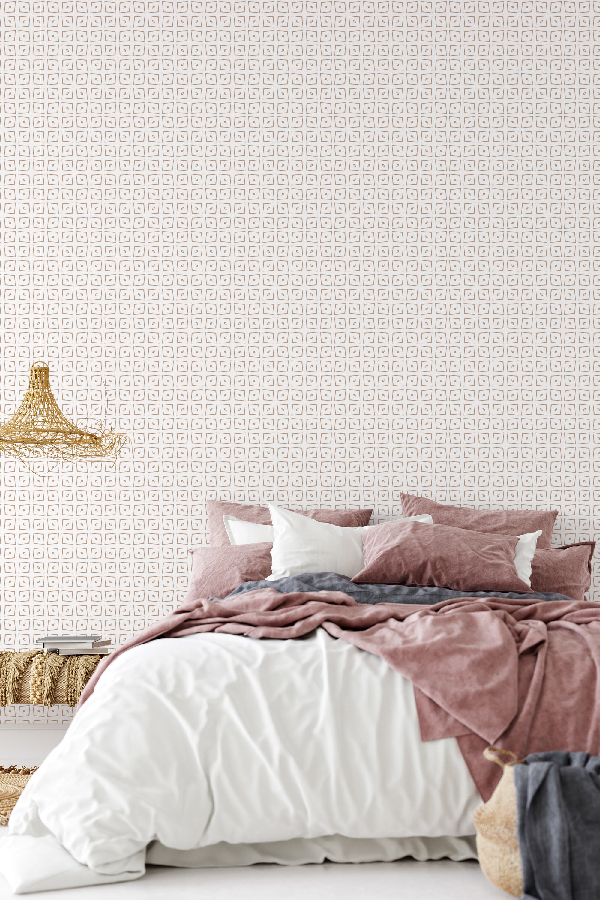 The wallpaper has a Mandala geometric design with repeating intricate patterns in neutral tones, complementing the cozy and serene atmosphere of the room. Traditional wallpaper.