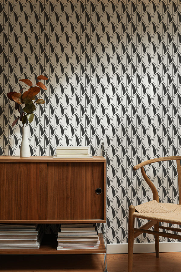 traditional wallpaper art deco leaves pattern accent wall sophisticated living room interior