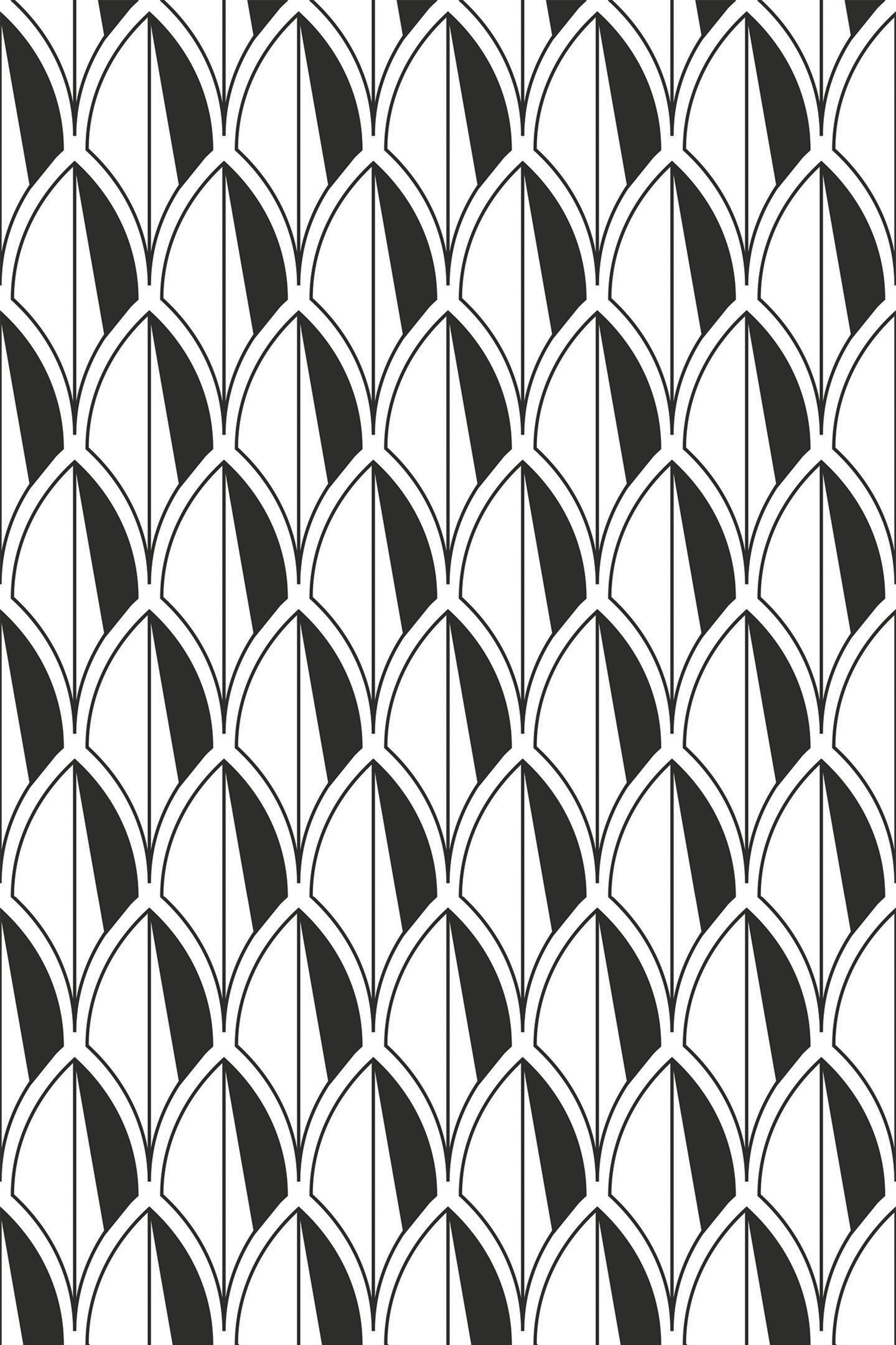 Black and white Art Deco leaf pattern with geometric, fan-shaped elements creating an interlocking design. Peel and stick removable wallpaper.