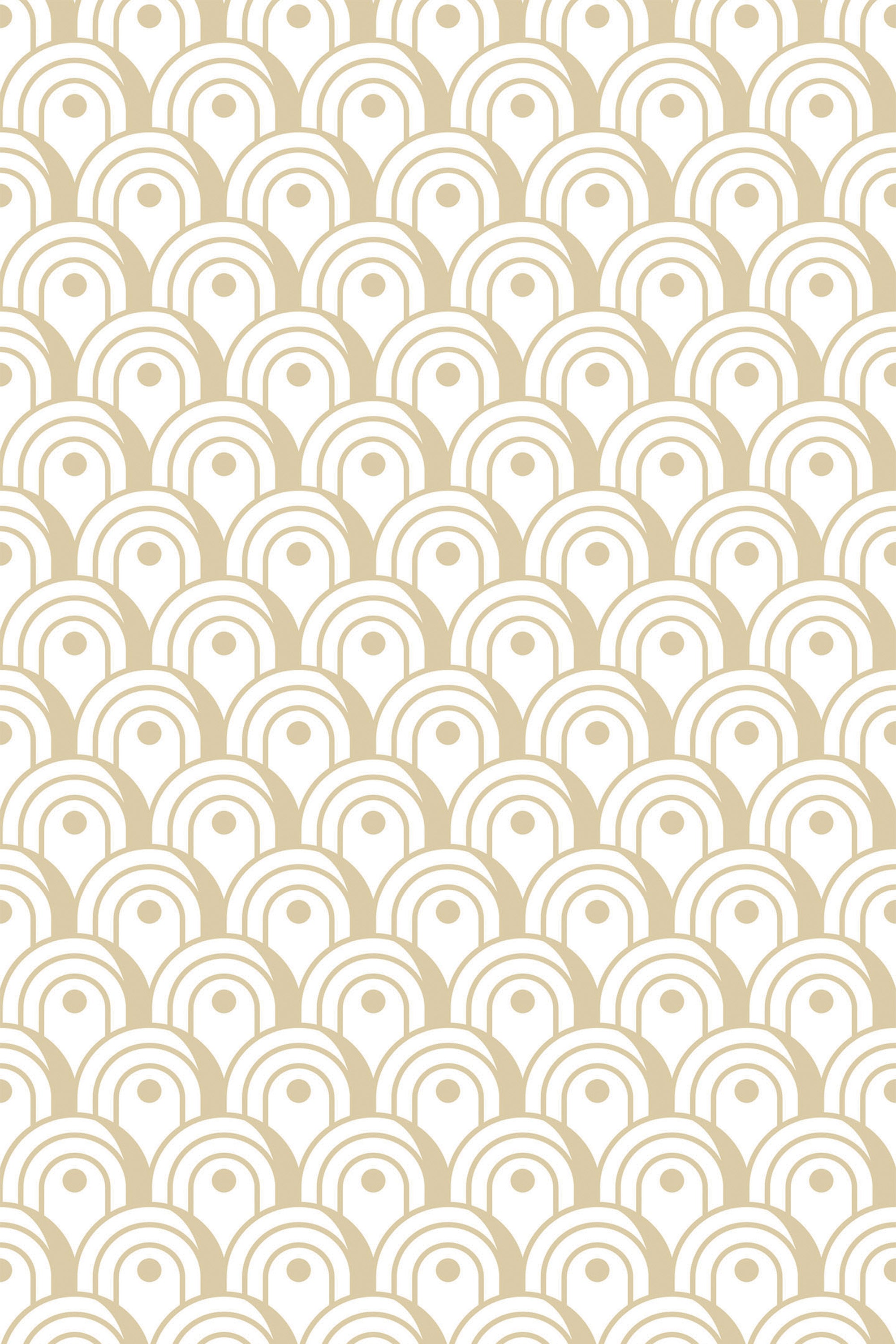 Art Deco arch design with repeating geometric arches in soft beige and white tones, creating a symmetrical and stylish pattern on peel and stick removable wallpaper.