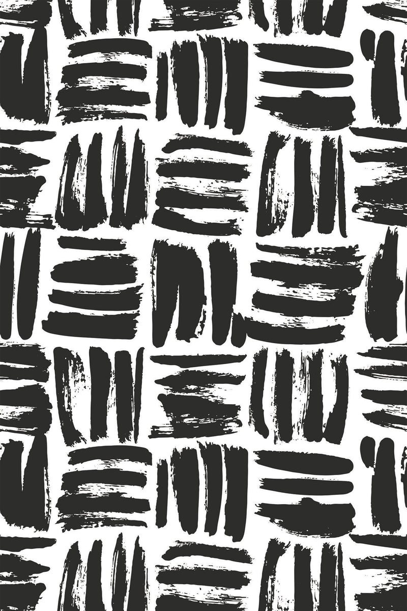 Black abstract brush strokes arranged in a grid pattern on a white background, peel and stick removable wallpaper.