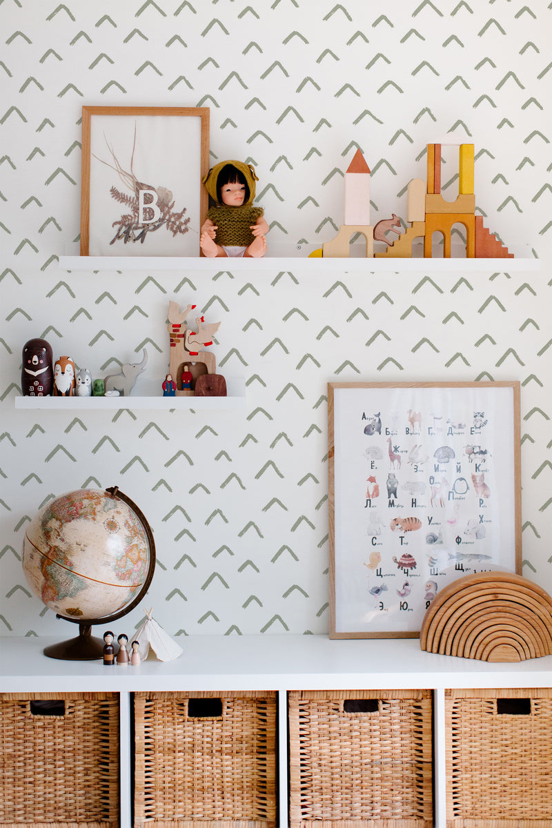 Self-adhesive wallpaper with a Chevron up pattern in a minimalist design of small upward-pointing V shapes.