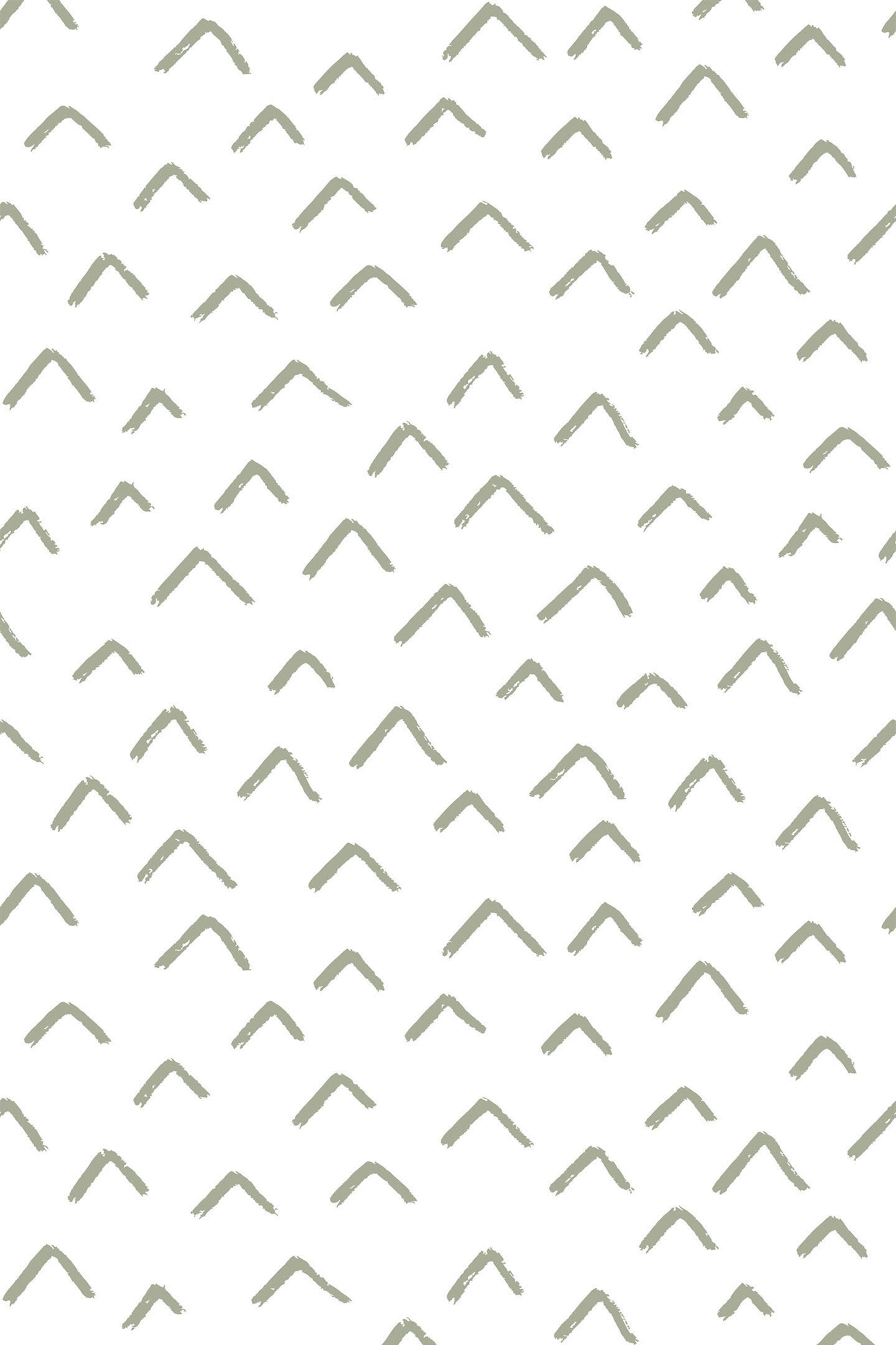 A repeat of hand-drawn, sage-colored chevron up patterns on a white background. Peel and stick removable wallpaper.