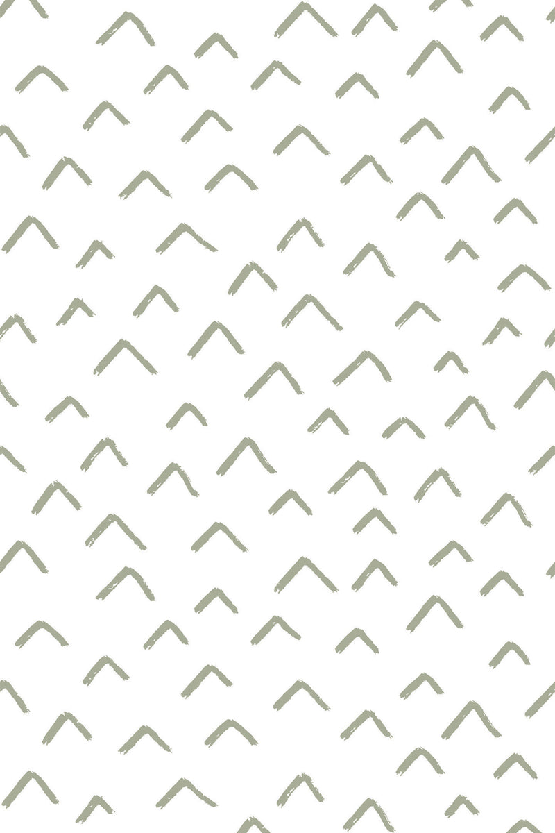 A repeat of hand-drawn, sage-colored chevron up patterns on a white background. Peel and stick removable wallpaper.