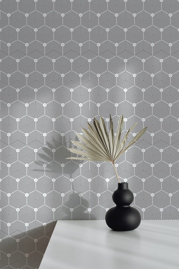 wallpaper peel and stick accent wall seamless hexagon pattern decorative vase plant