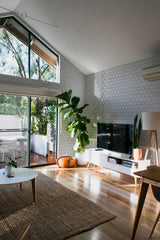 minimalist house terrace green plants living room seamless hexagon stick and peel wallpaper