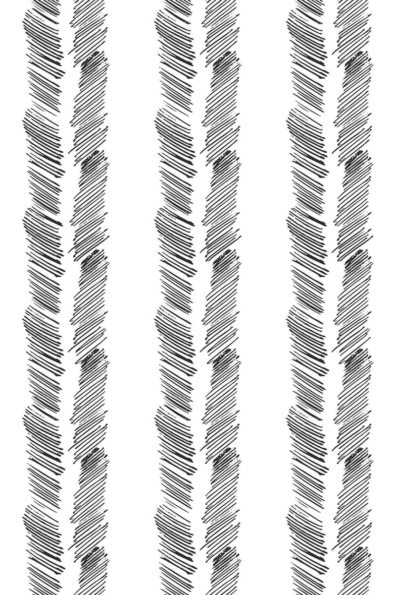 Black brushstroke patterns arranged in alternating slanted lines create a herringbone design on a white background, peel and stick removable wallpaper.