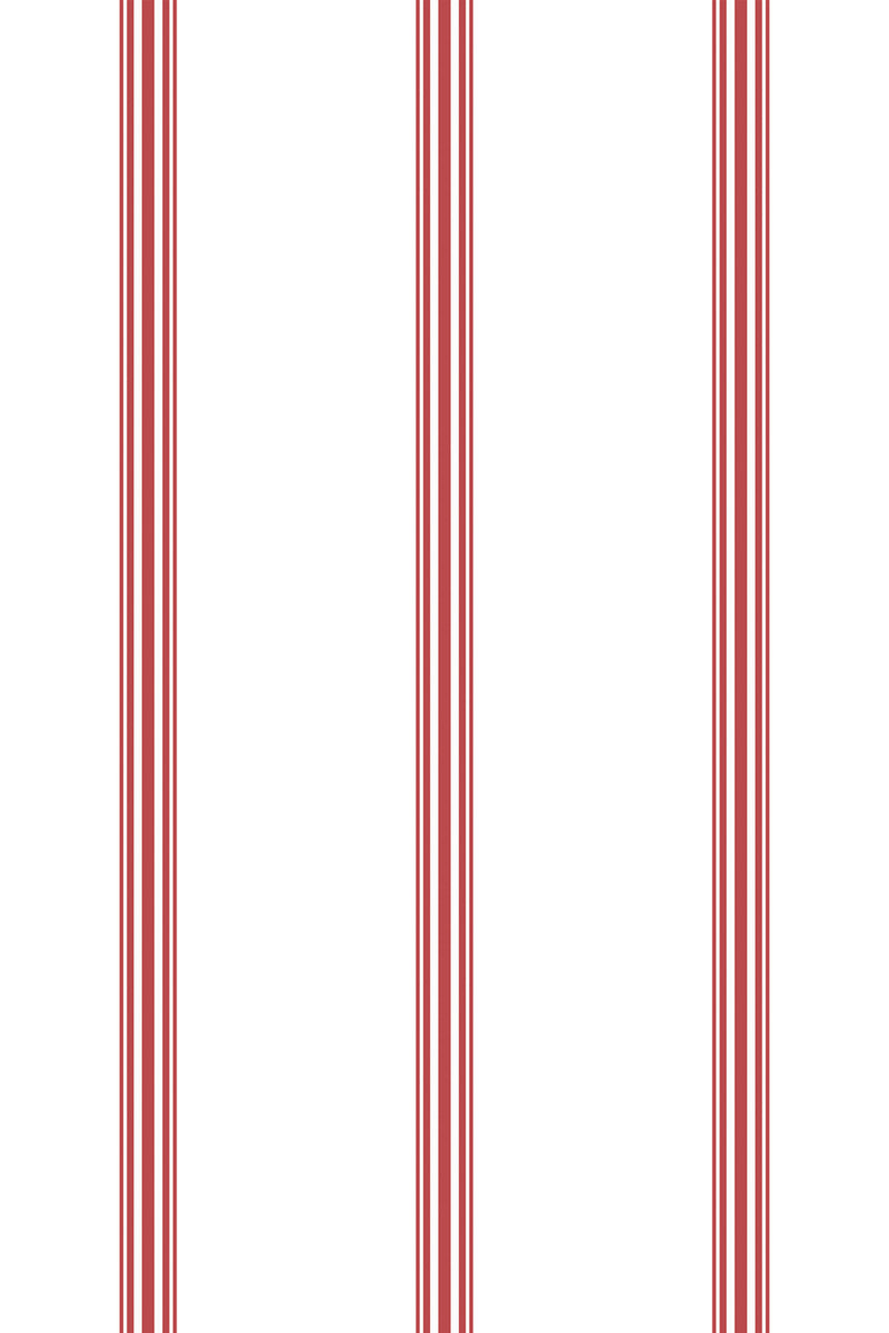 Alternating deep red and white vertical stripes in groups of three red stripes separated by wider white spaces, creating a classic and elegant pattern. Peel and stick removable wallpaper.