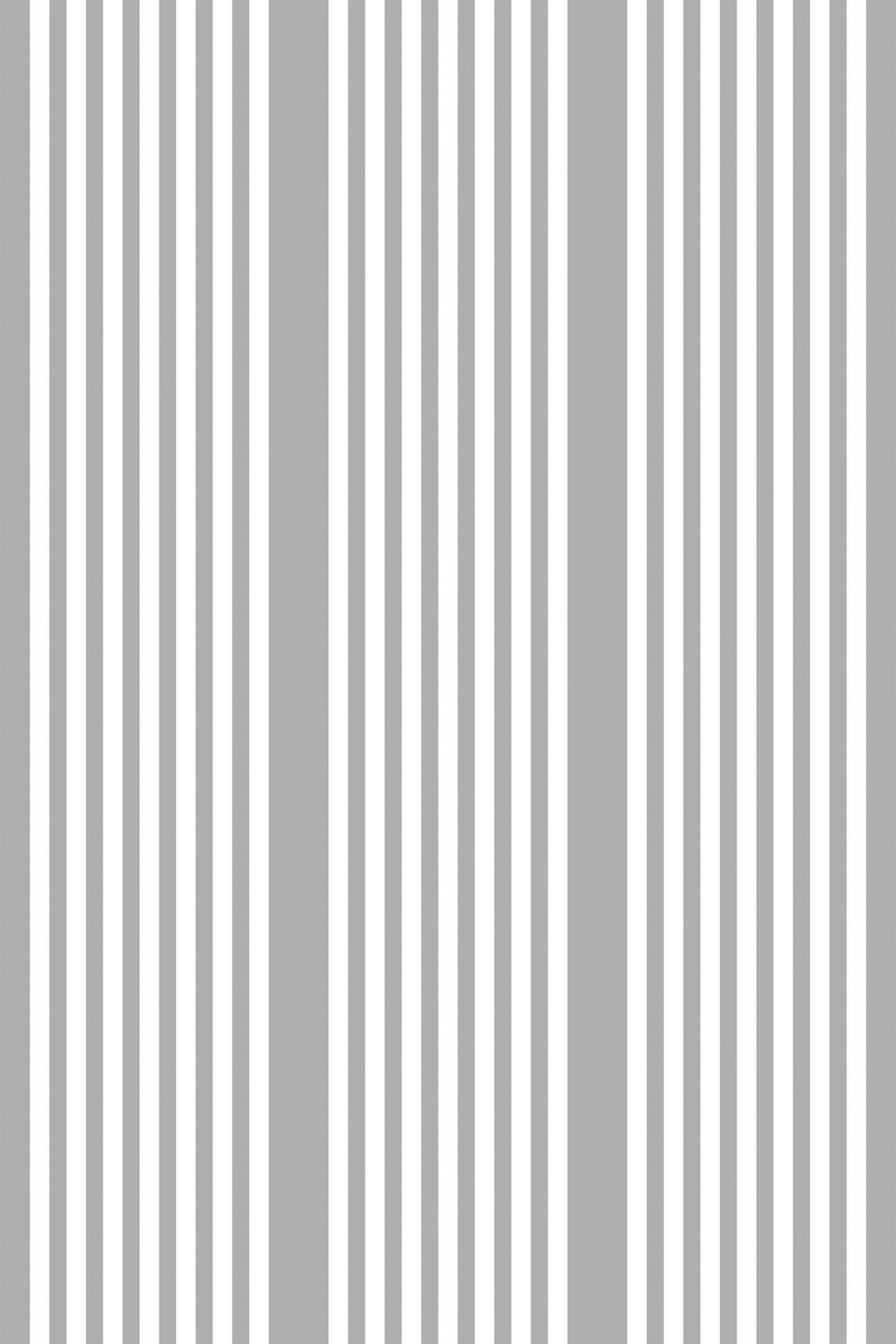 Gray and white vertical stripes evenly alternating in width, creating a simple and elegant French ticking stripe pattern. Peel and stick removable wallpaper.