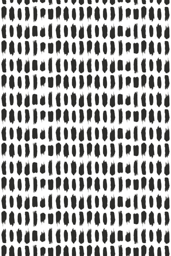 Black irregular brushstroke dots are arranged in a grid pattern on a white background, creating a minimalist, modern design. Peel and stick removable wallpaper.